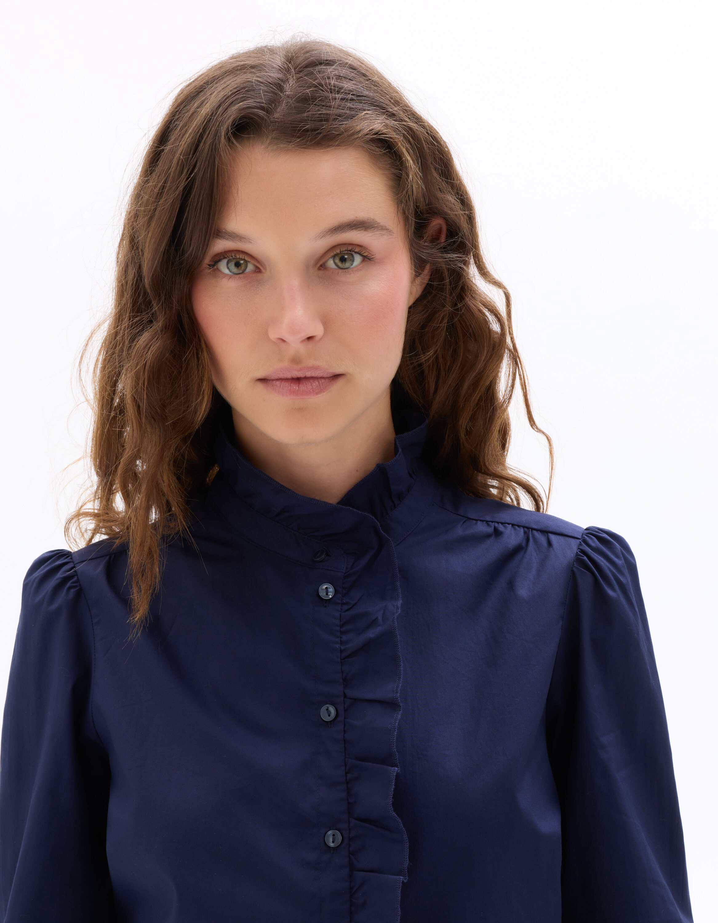 Ruffled 100% Cotton Shirt - Navy | celio women
