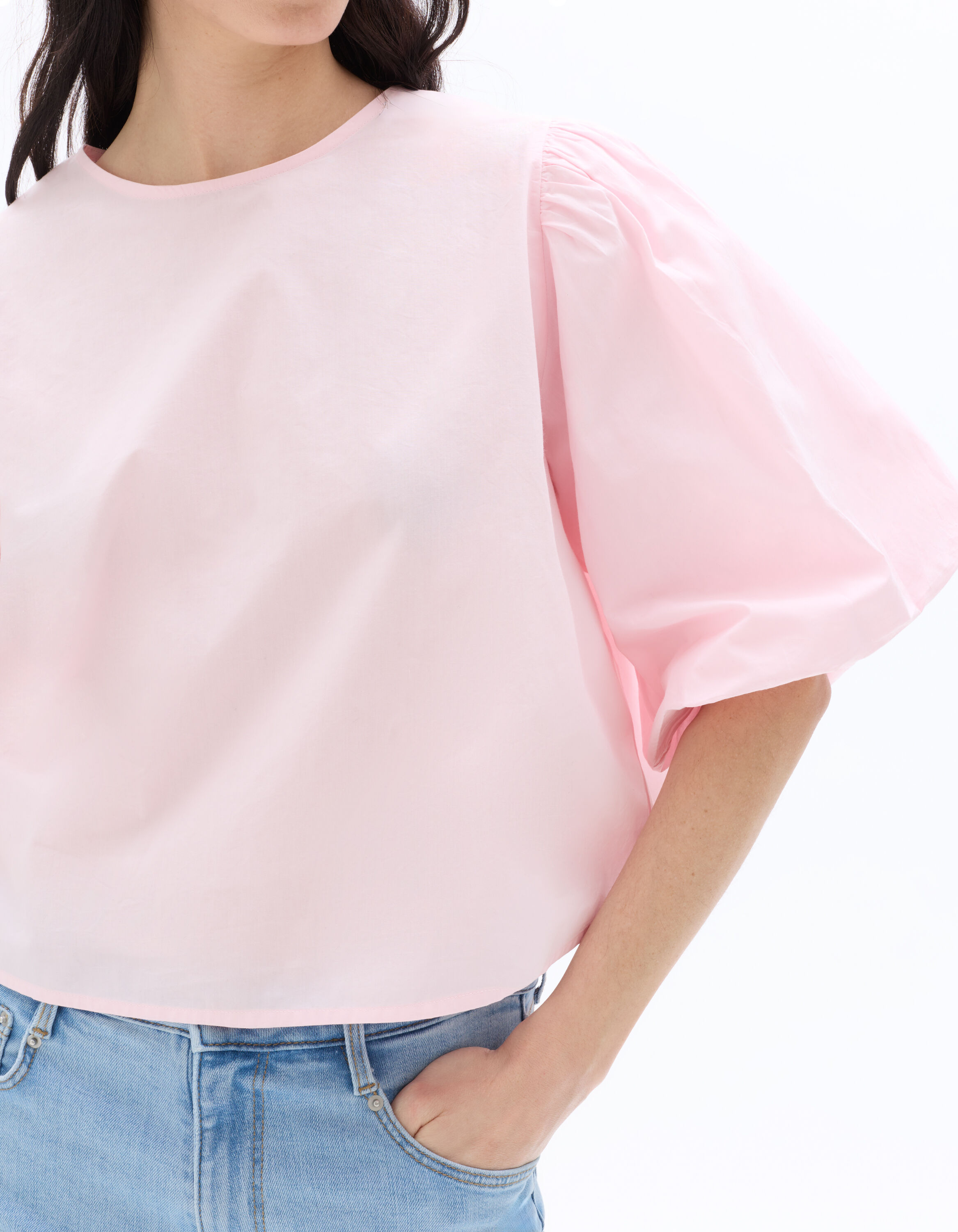 Pink 100% Cotton Poplin Puff Sleeve Blouse | celio women