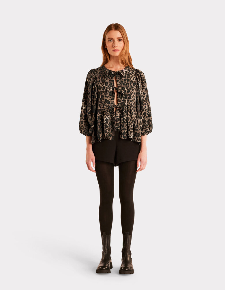 Blouse Col Carré Manche Courte Léopard Imprimé