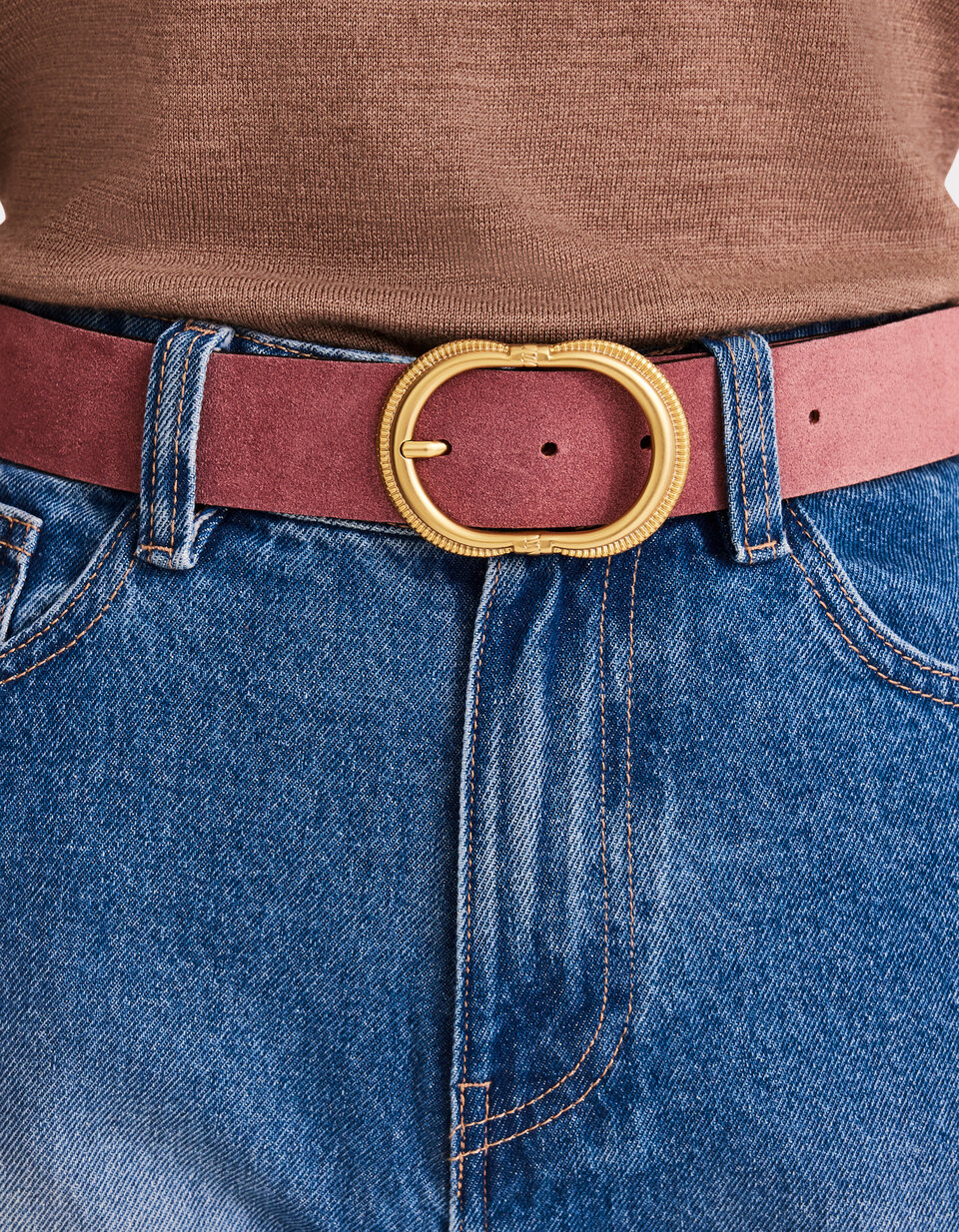 Jupe Droite Camaïeu Taille 38 Avec Ceinture Assortie - Couleur Beige Et Blanc, Mi-genou, Coton - Occasion Très Bon état