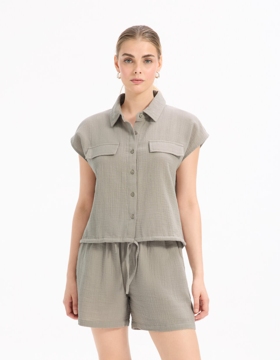 Chemise Henley Sans Manches Kaktus – Bleu Gaze De Coton – Taille XL – Femme