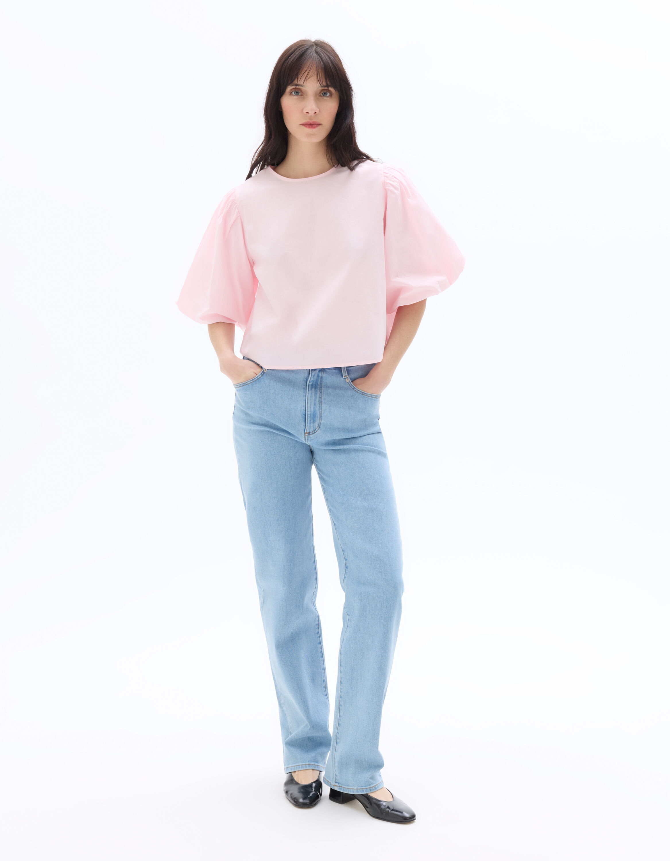 Pink 100% Cotton Poplin Puff Sleeve Blouse | celio women