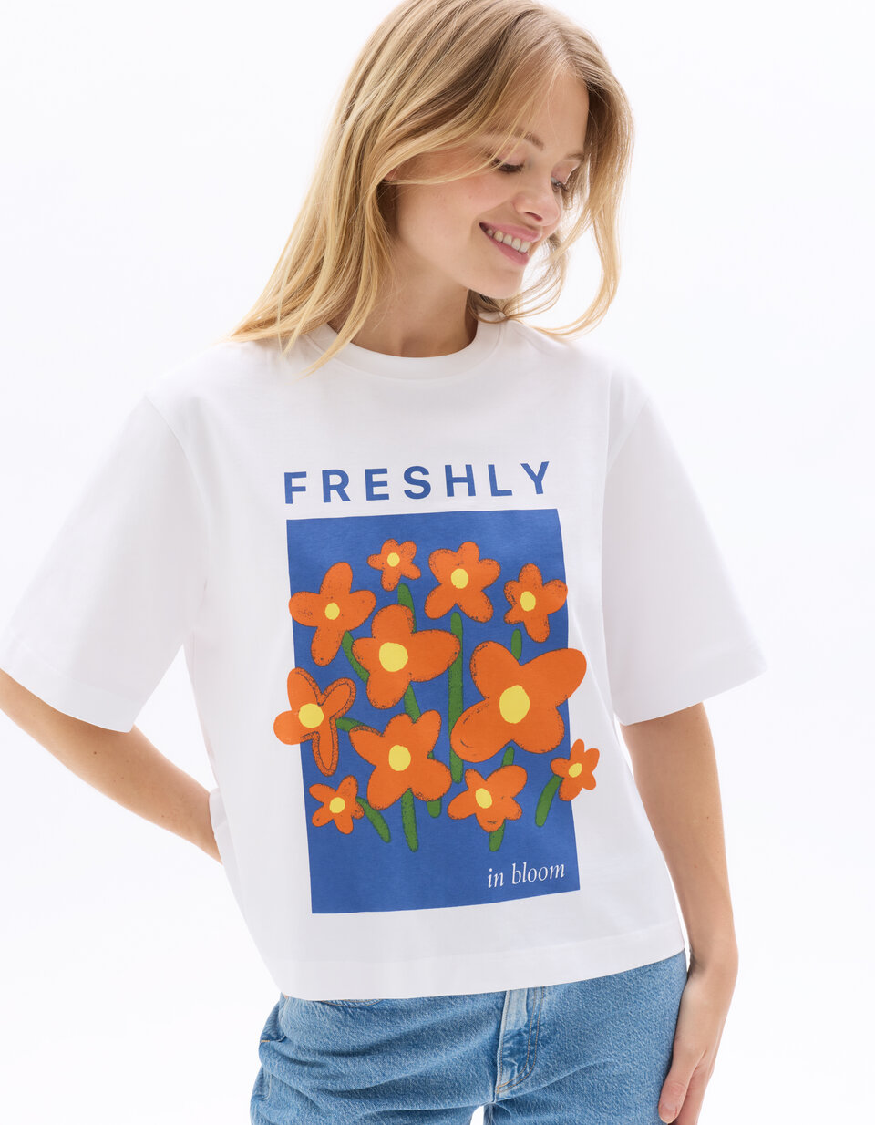 T-shirt Top Moschino Jean – Bleu Clair, Imprimé Fleurs Multicolore, Manches Longues – Taille M Pour Femme