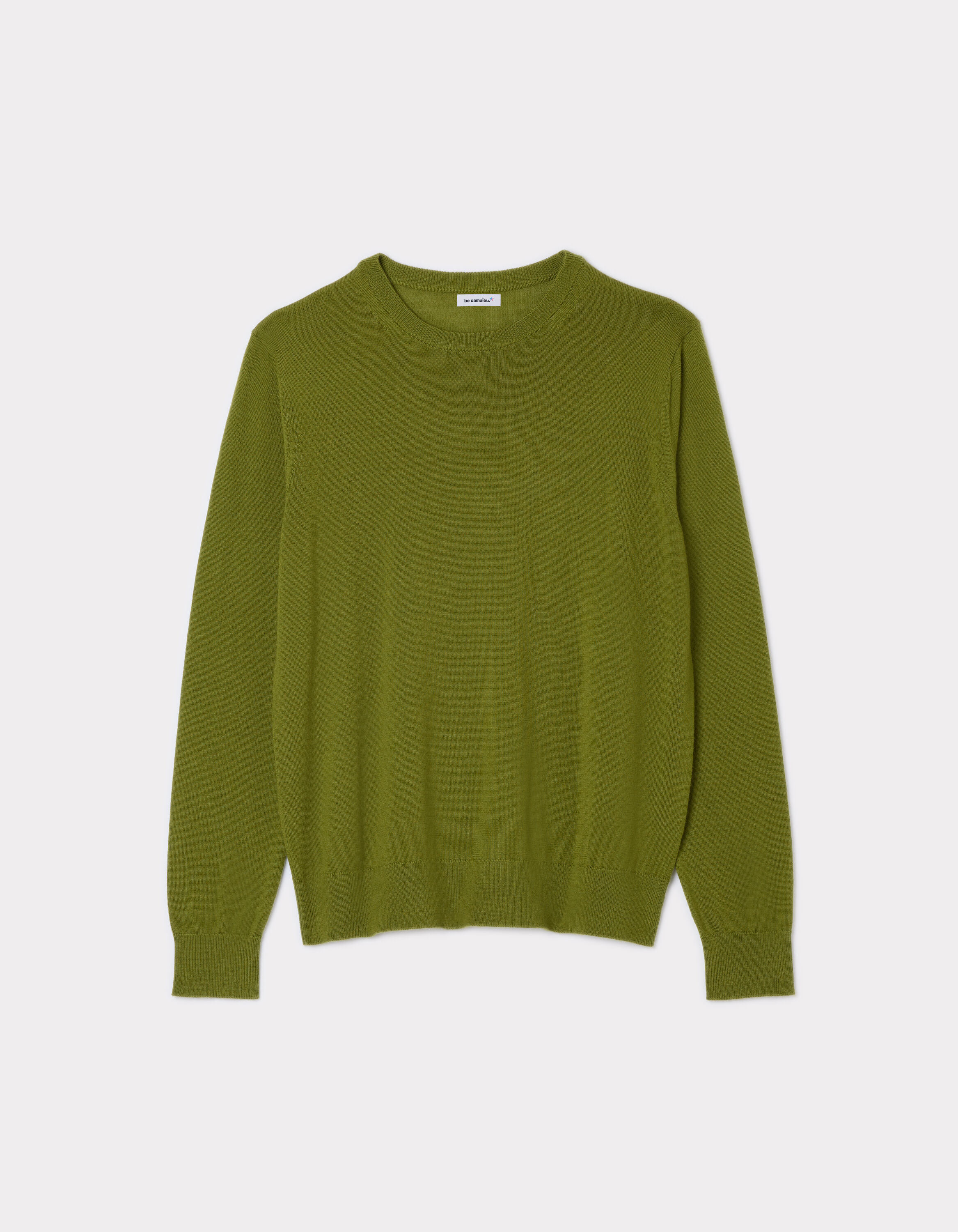 Pull 100 laine merinos a col rond vert mousse celio be camaieu