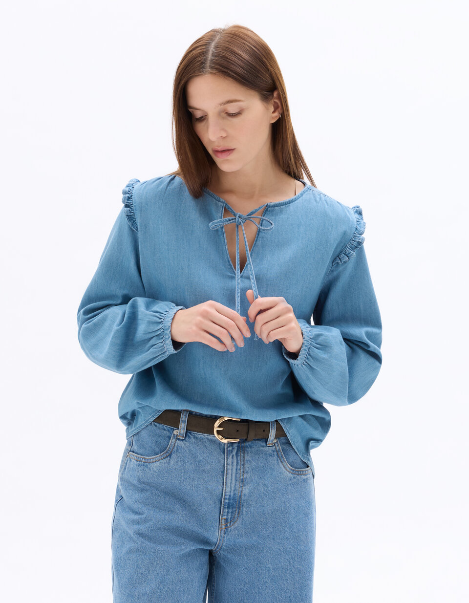 Blouse Camaieu En Lin Bleu Pâle - Taille 36, Style Tunique Sans Manches