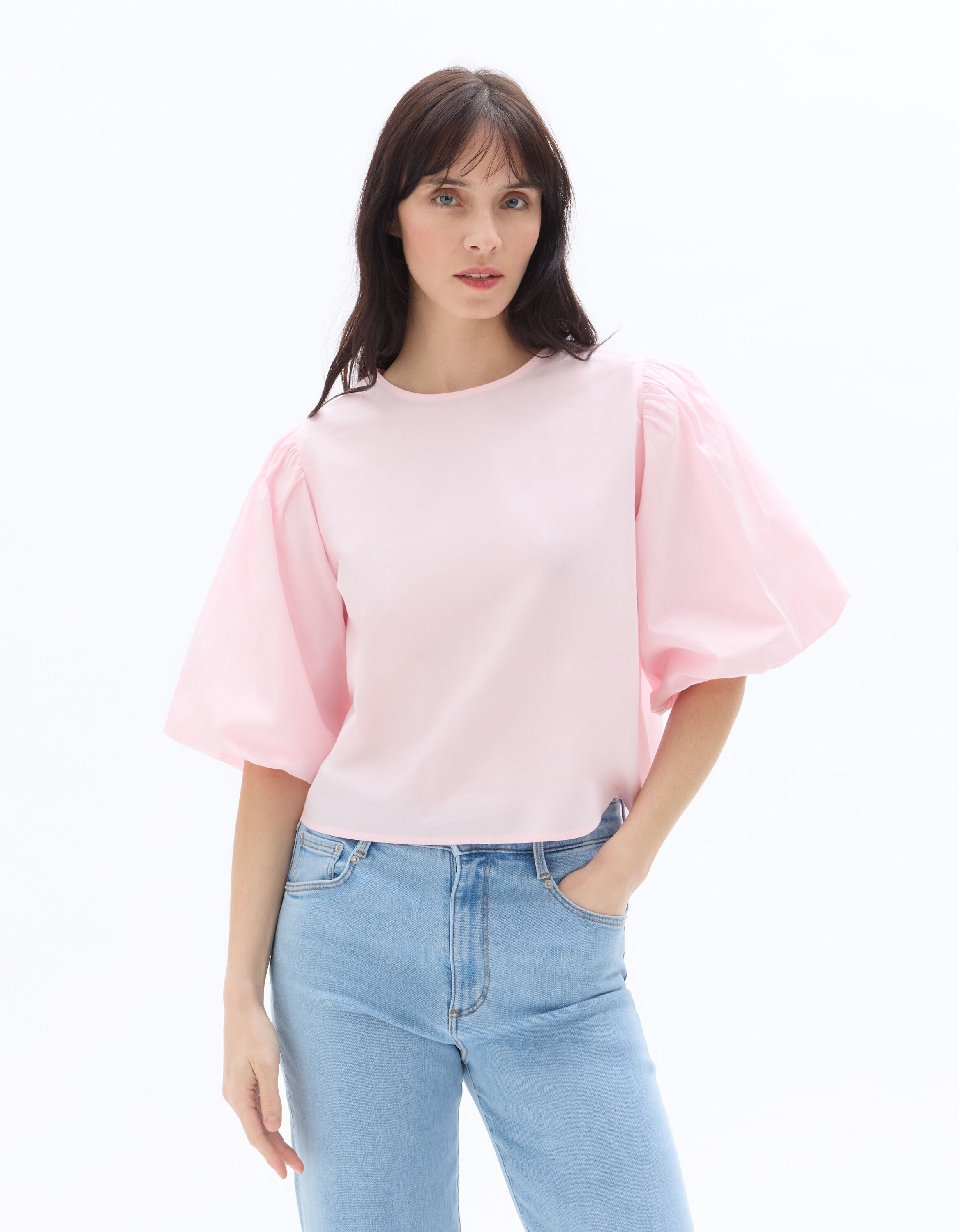 Pink 100% Cotton Poplin Puff Sleeve Blouse | celio women