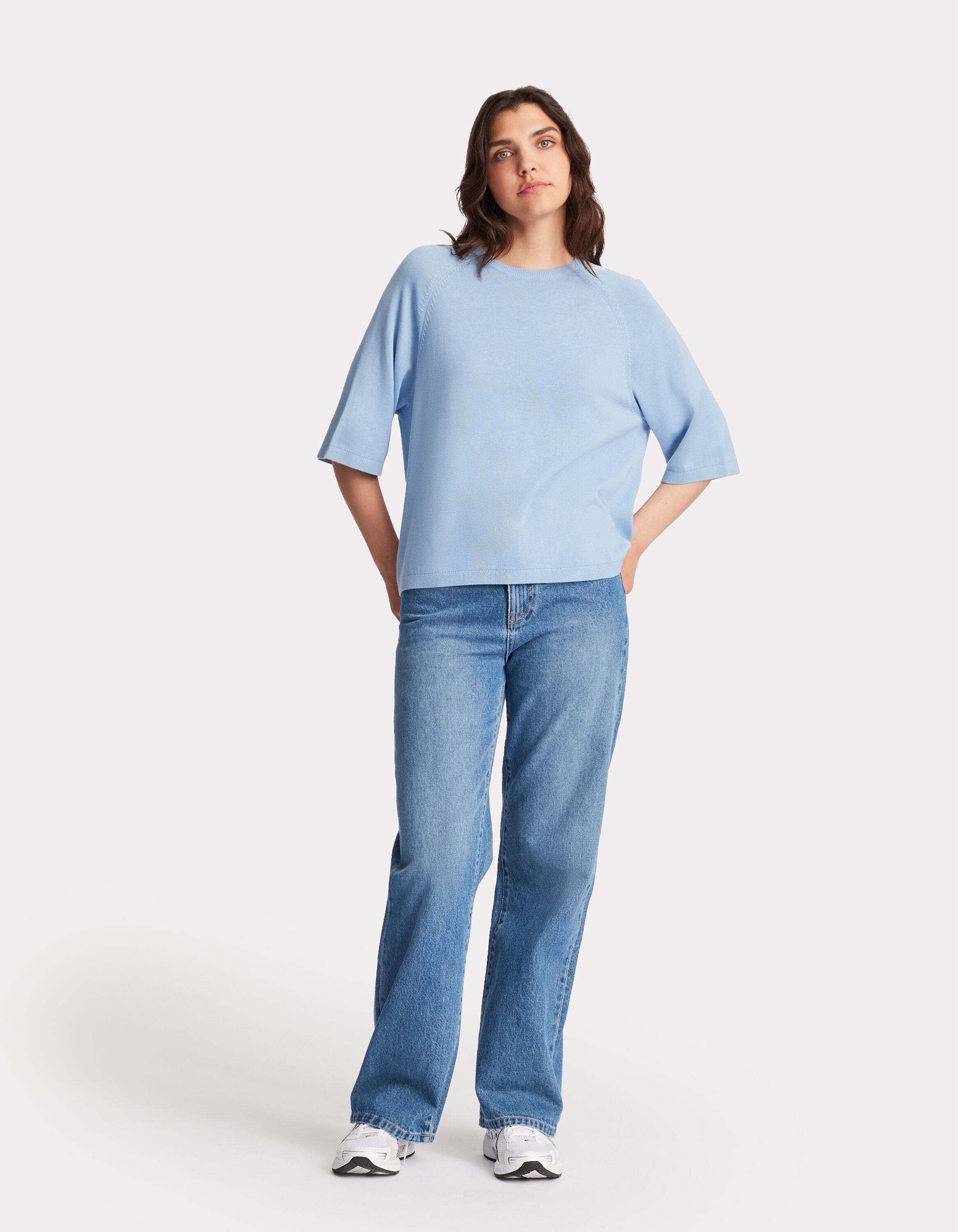 Pull manches courtes a col rond 100 coton bleu ciel celio be camaieu