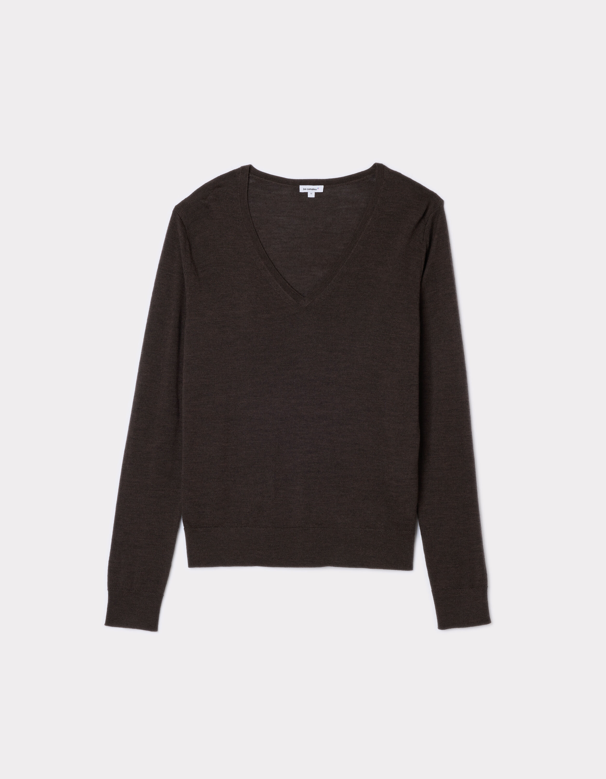 Pull 100 laine merinos col V marron fonce celio be camaieu
