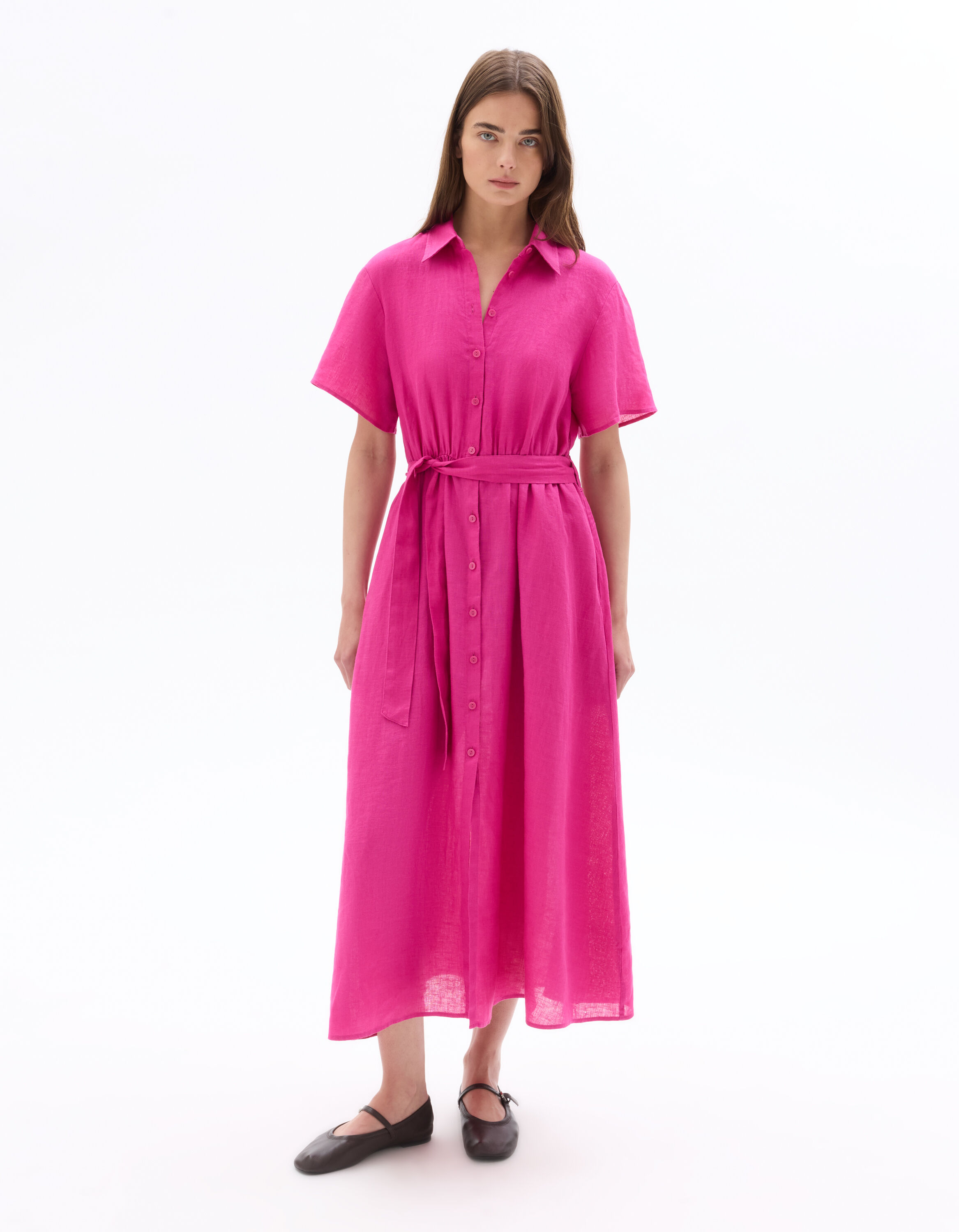 100% Linen Midi A-Line Dress - Pink | celio women