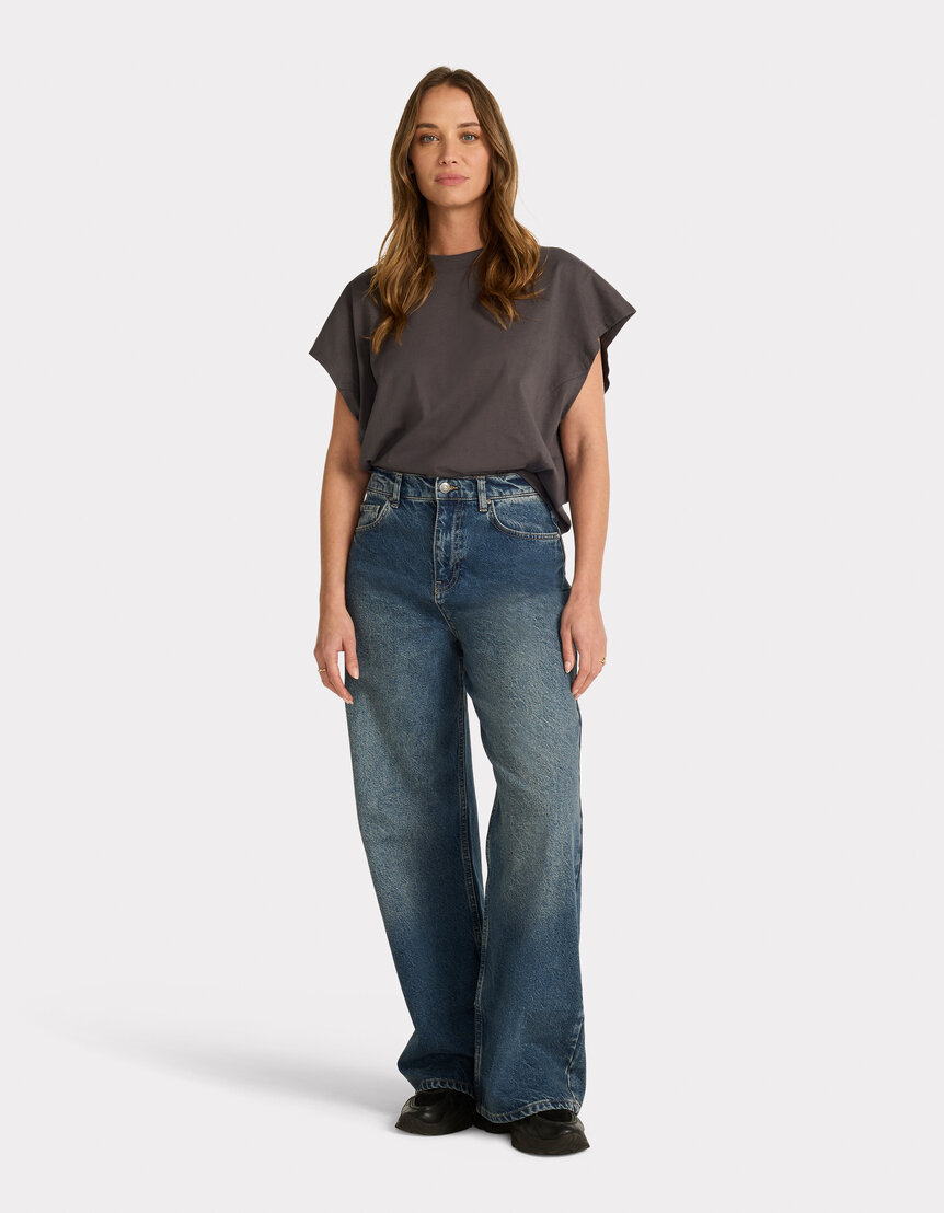 Jean large taille haute délavé - bleu