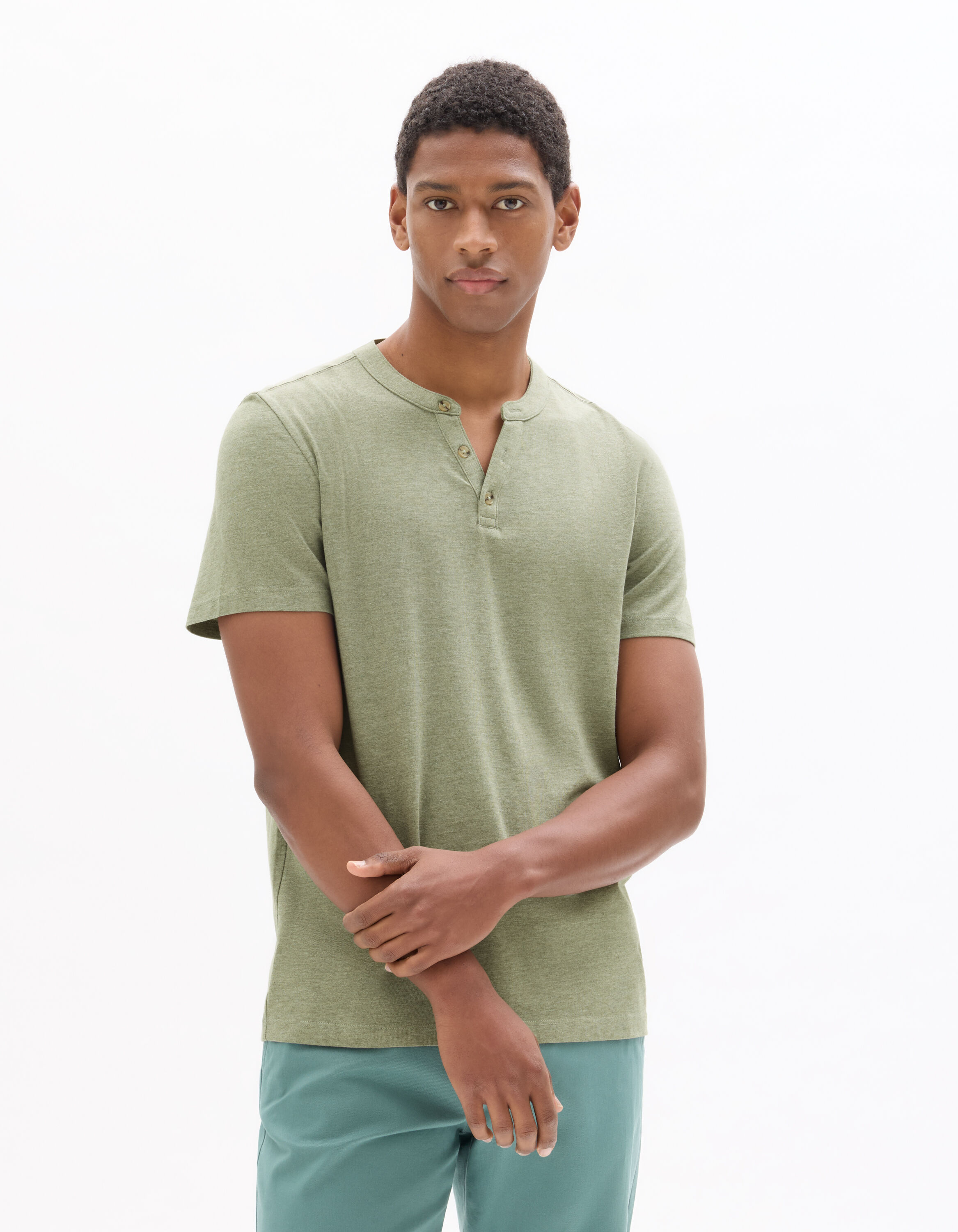 Regular Fit Henley Collar Cotton Blend T-shirt - Light Khaki