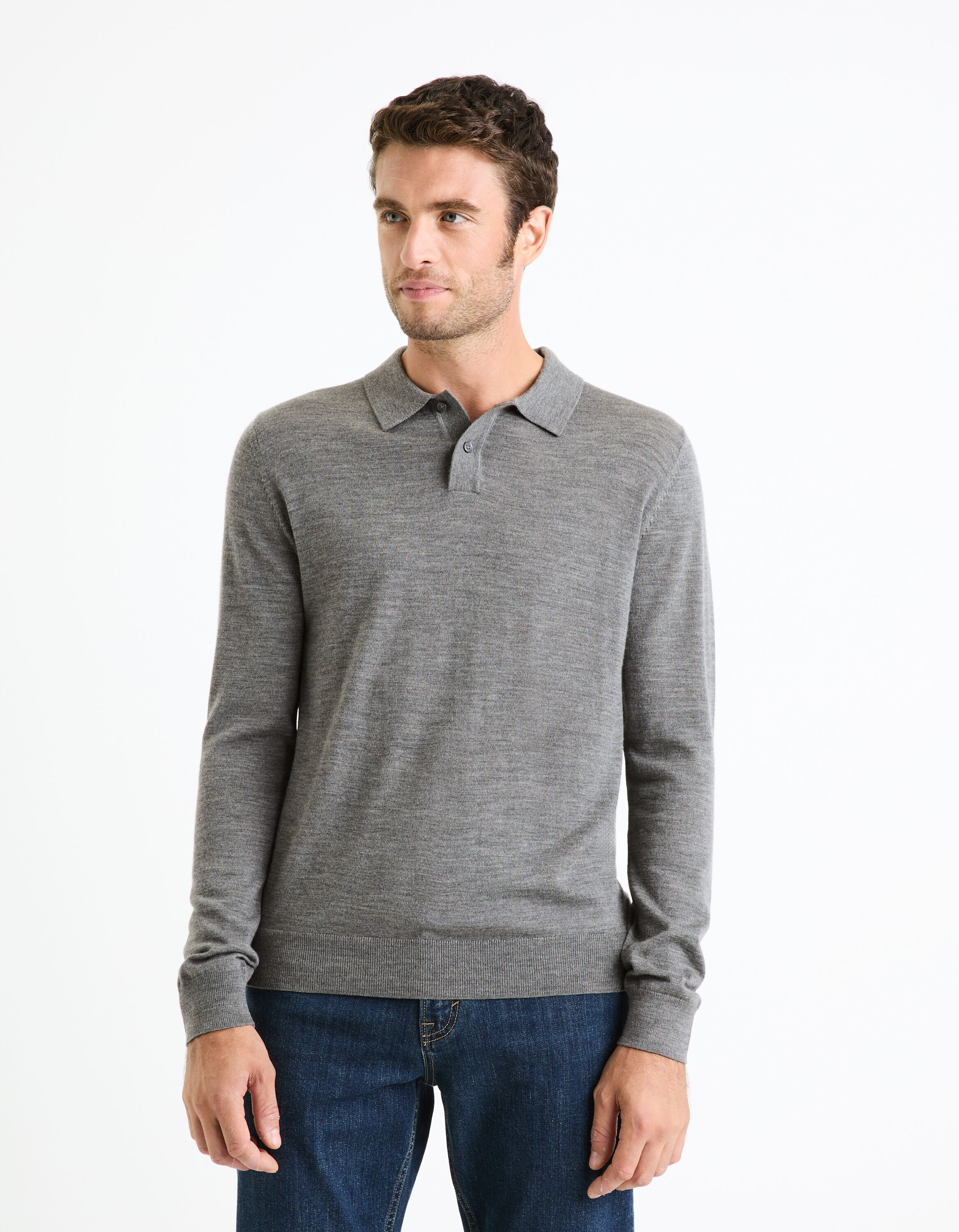 pull polo homme manche longue en laine mérinos Gris - Curling Paris