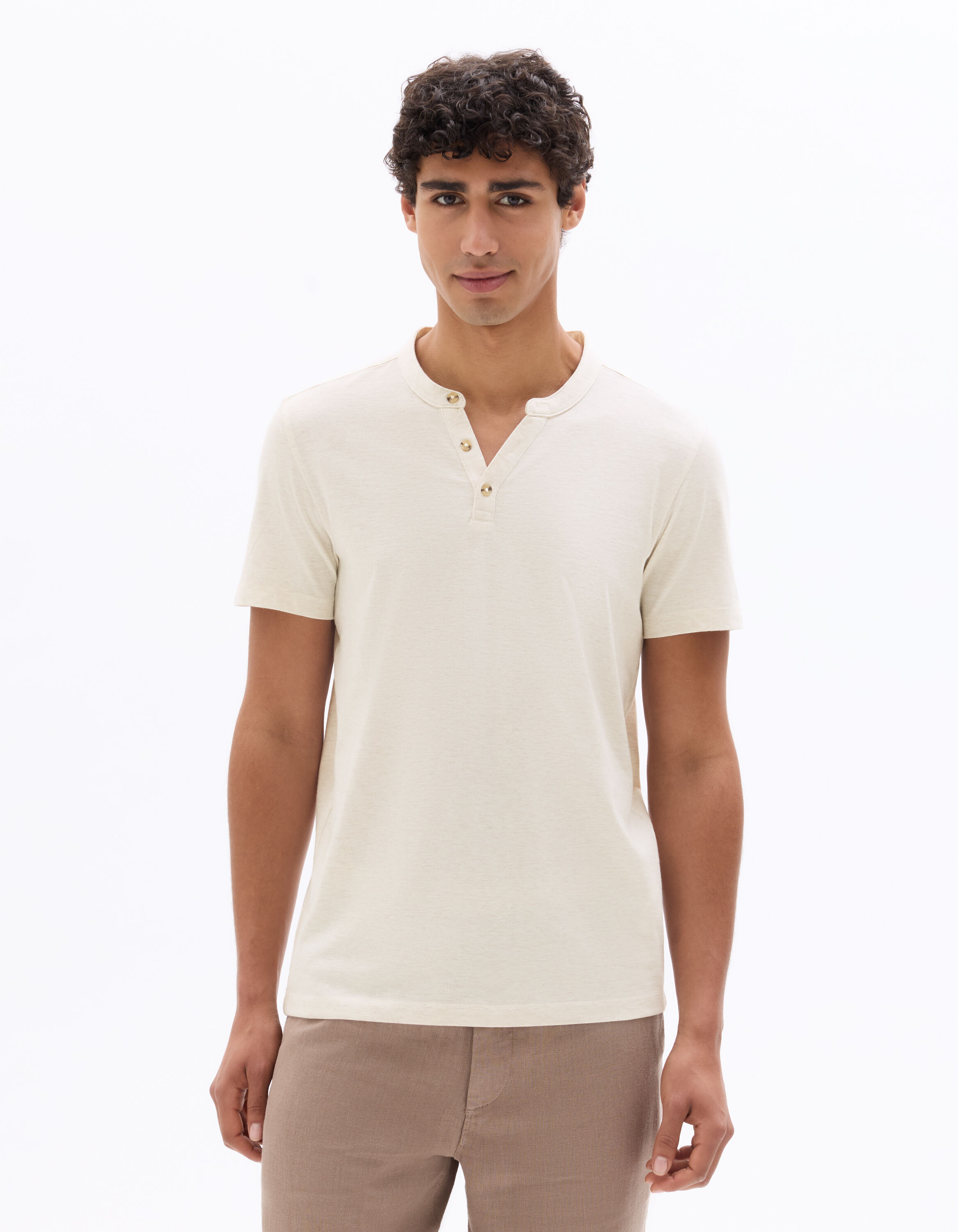 Regular fit Henley neck cotton blend T-shirt - Ecru | celio be normal