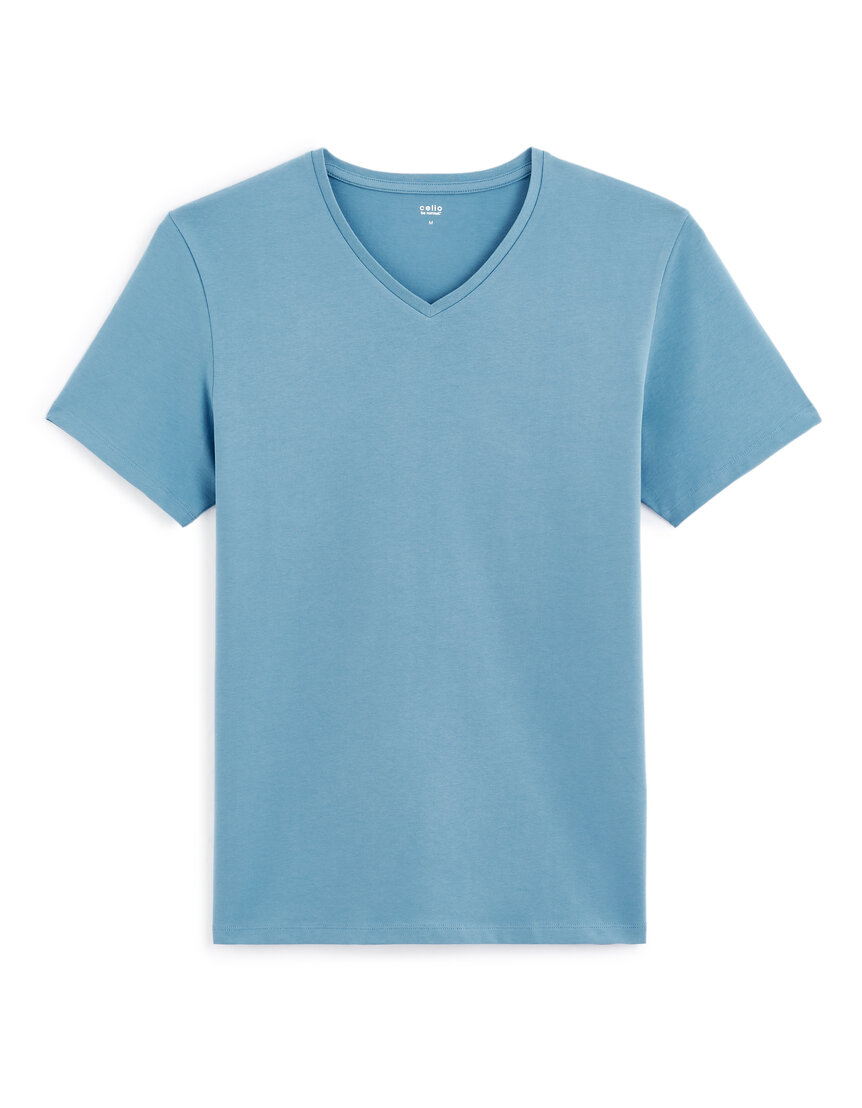 T-shirt Col V Bleu/Vert - Coton - Occasion Très Bon État
