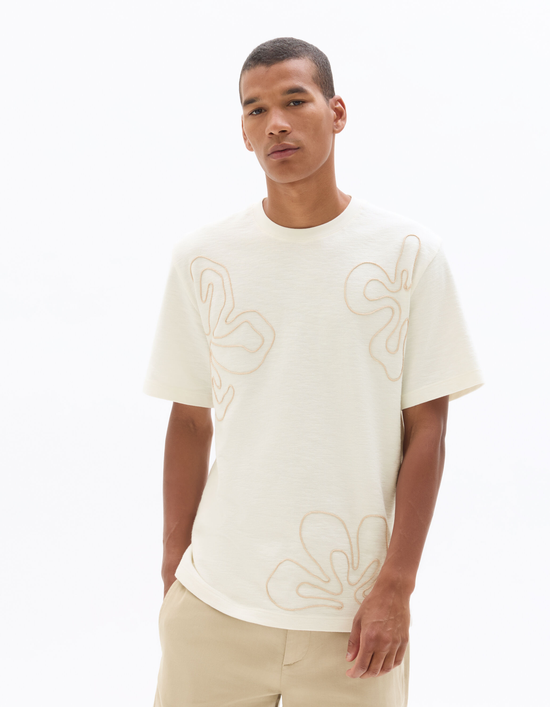 White Boxy Crew Neck 100% Cotton T-Shirt with Floral Embroidery