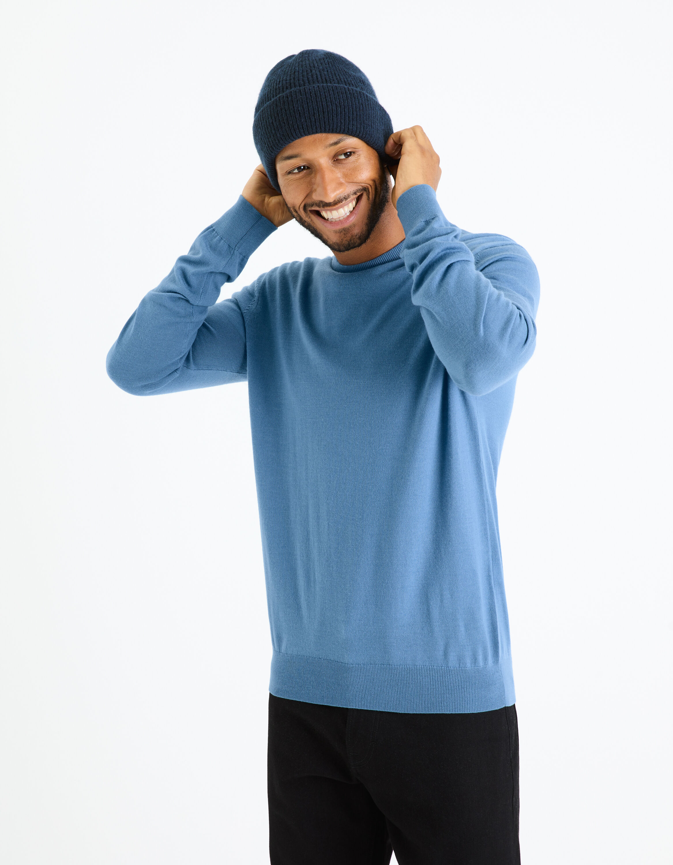 Trui met ronde hals 100 merinowol blauw celio be normal