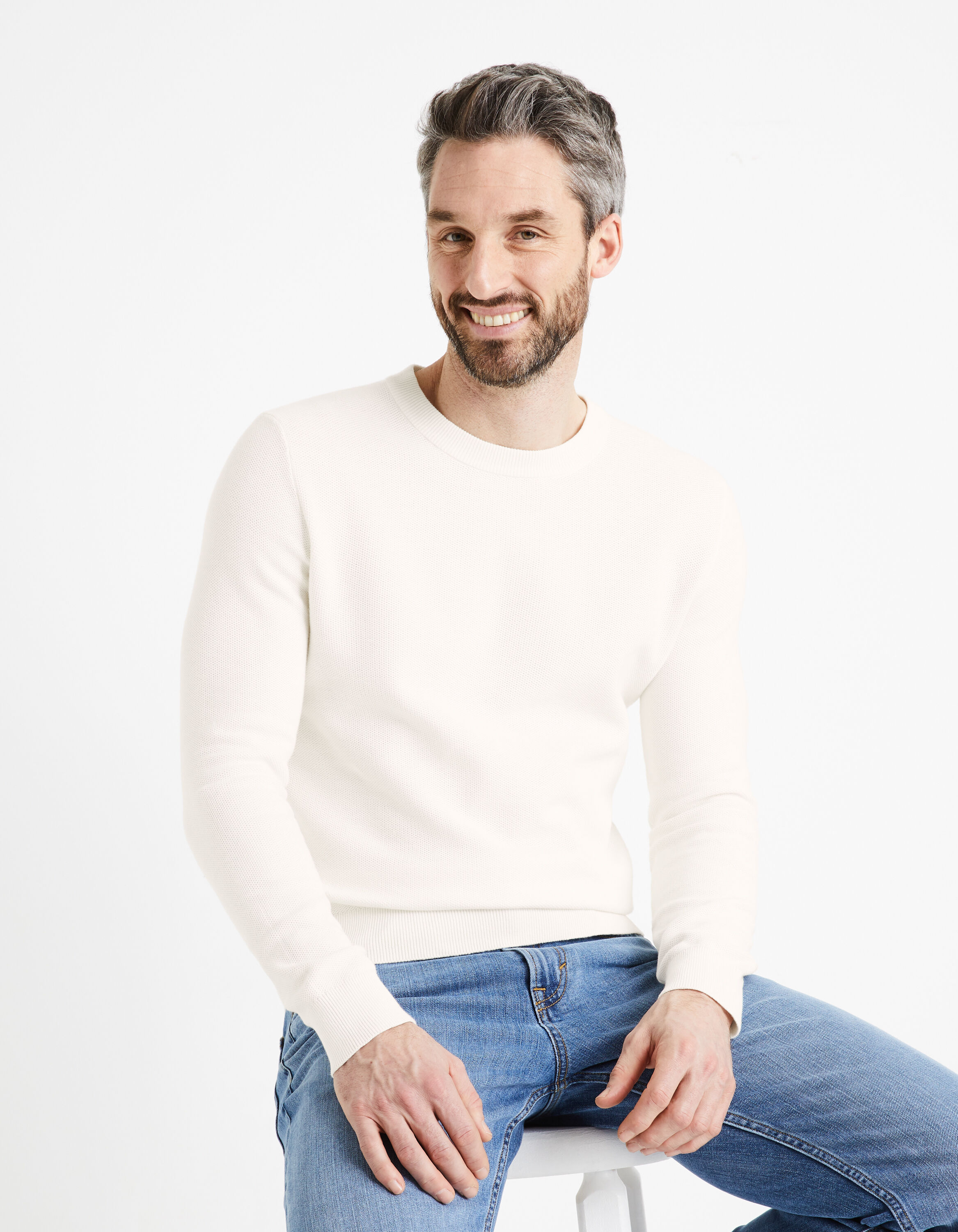 Pull col rond 100% coton - blanc