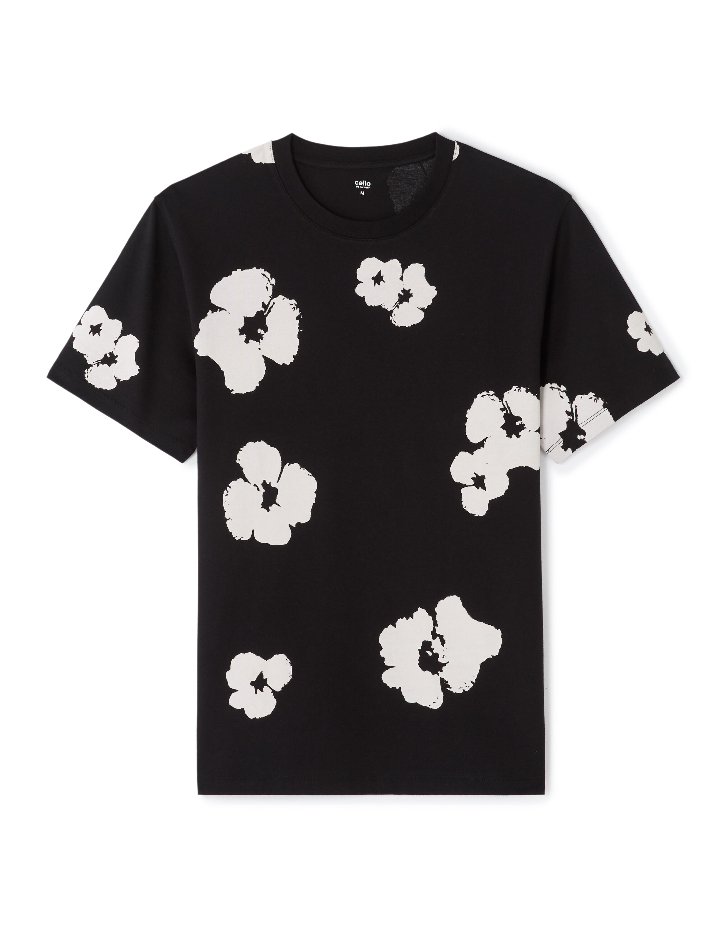 T-shirt boxy col rond 100% coton imprimé fleurs - noir