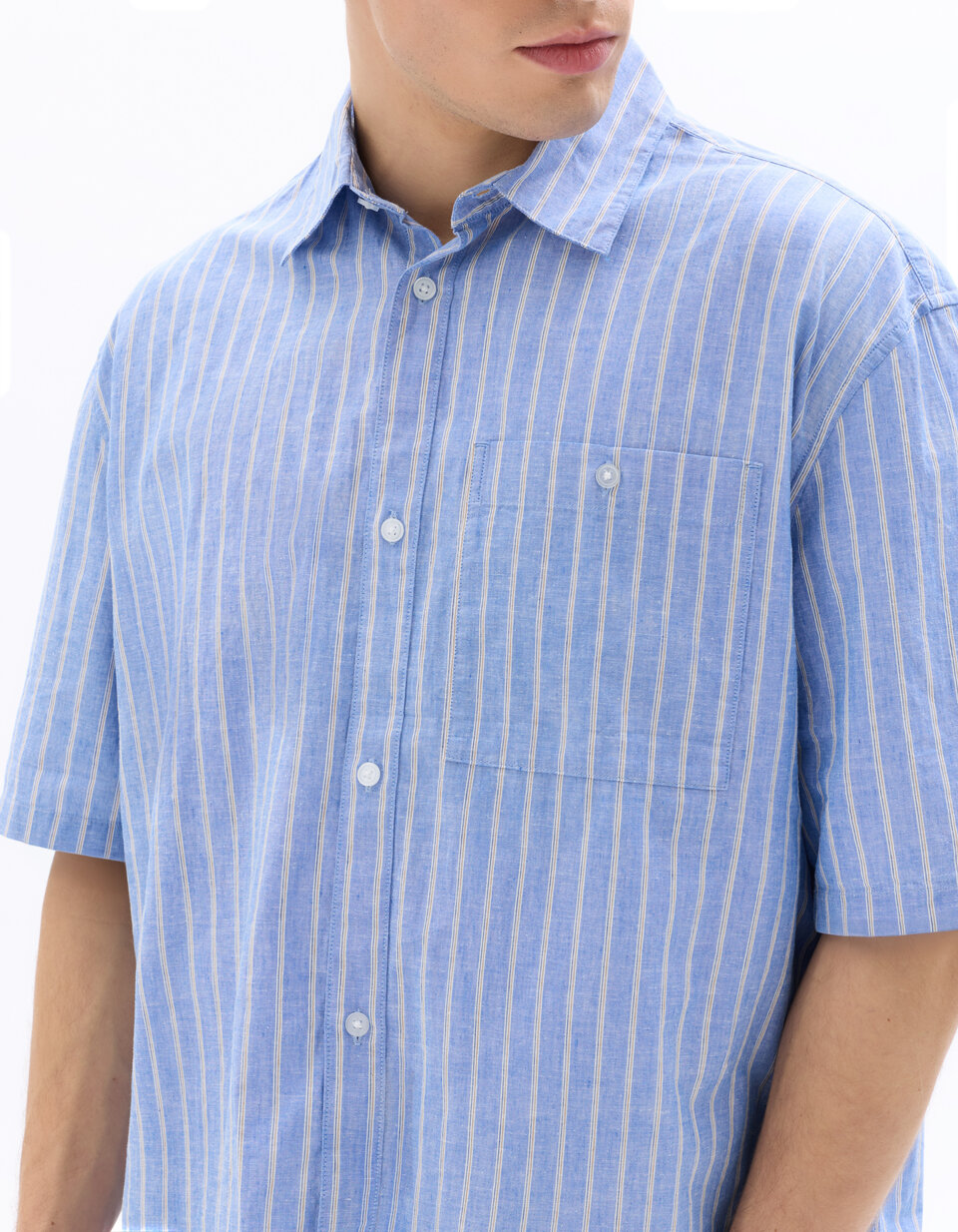 Oversized Striped Cotton and Linen Shirt - Blue | celio be normal