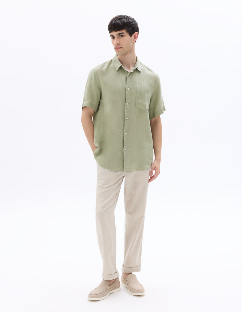Regular Fit 100% Linen Short Sleeve Shirt - Sage Green | celio be normal Regular Fit 100% Linen Short Sleeve Shirt - Sage Green | celio be normal