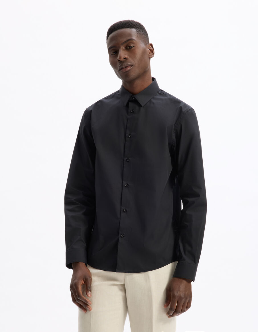 Chemise homme élégante noire col rond, coupe droite, coton confortable