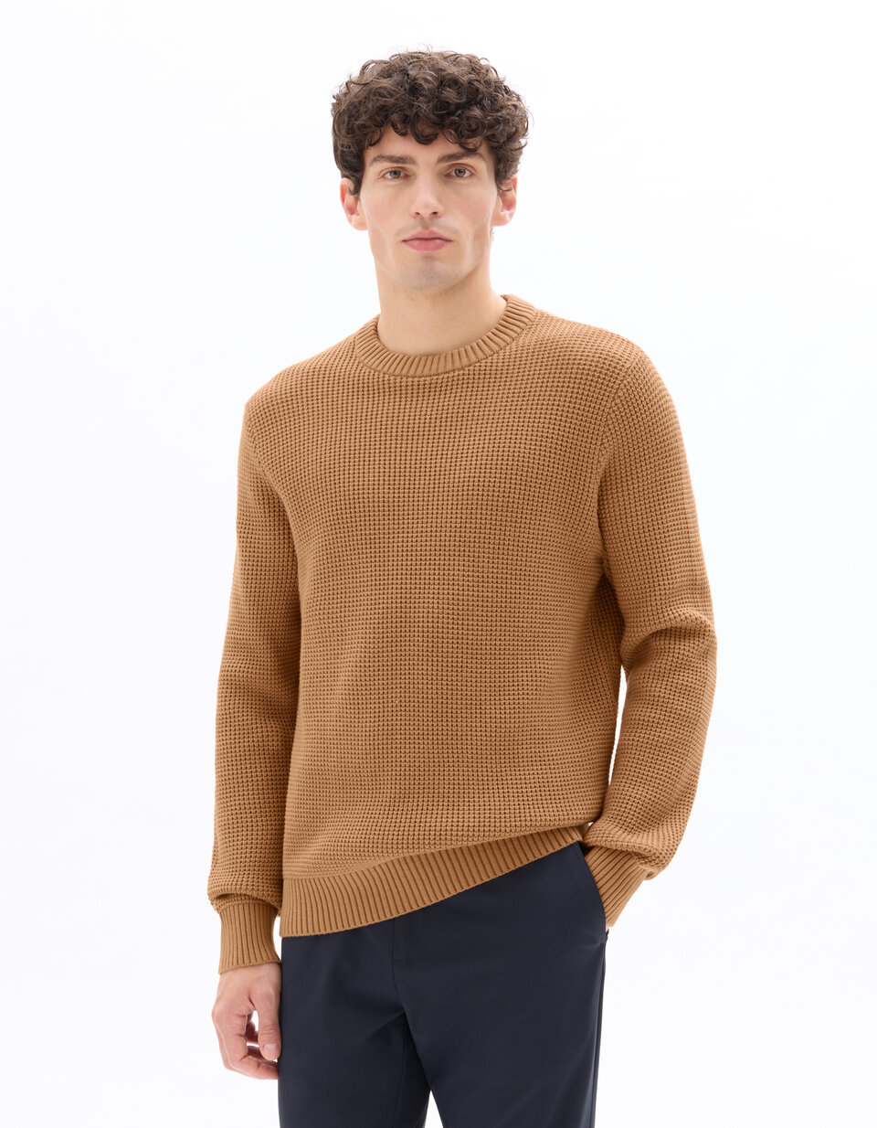 Pull Eddie Bauer Homme - Col Rond, Gaufré Thermique - 100% Coton Marron - Taille M - Occasion Très Bon état