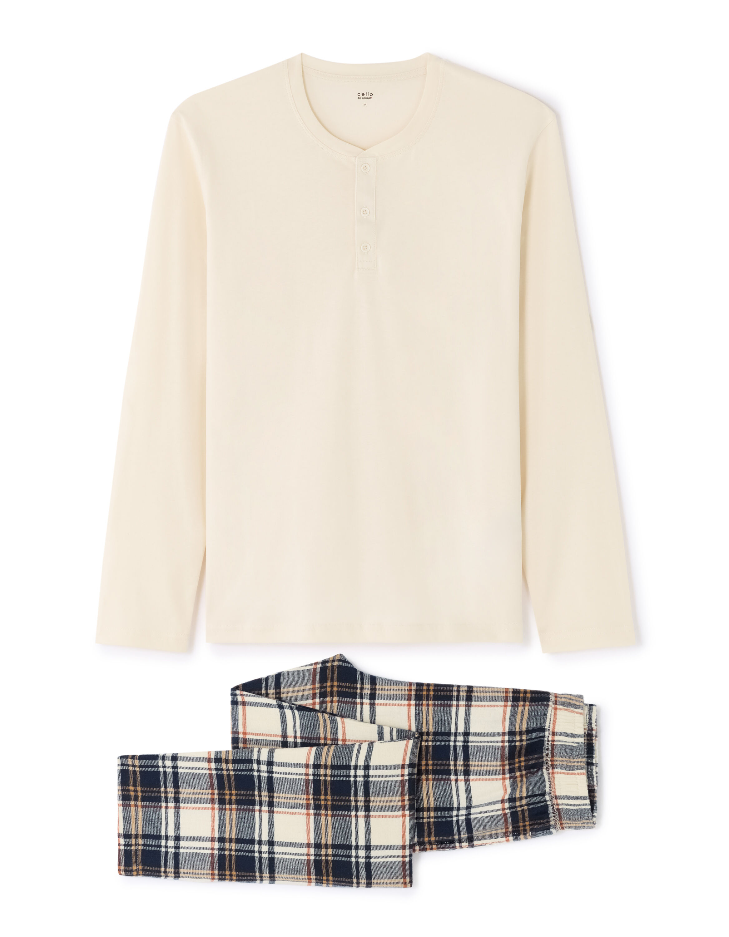 Pyjama haut et pantalon à carreaux 100% coton - écru