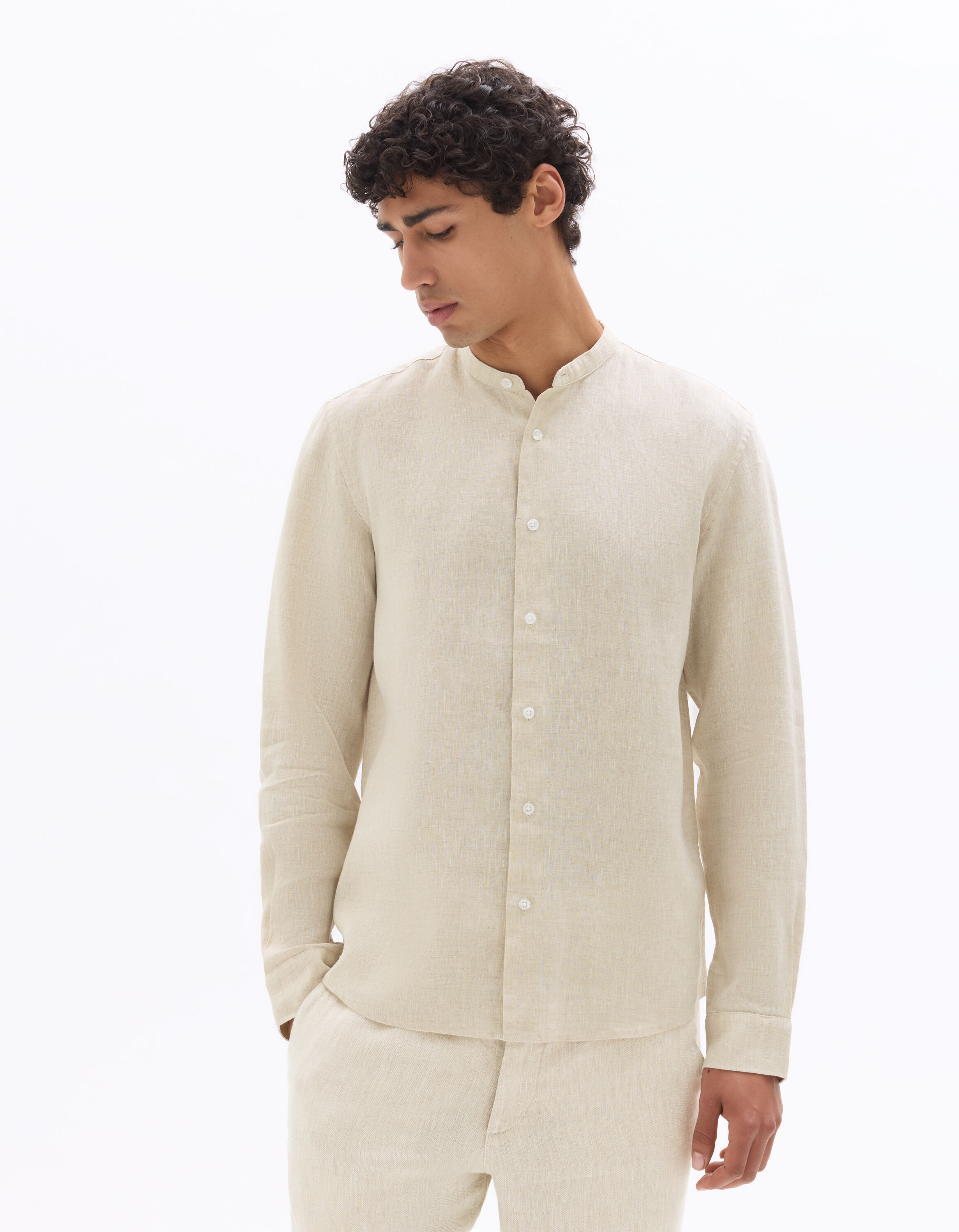 Regular fit mandarin collar shirt 100% linen - natural | celio be
