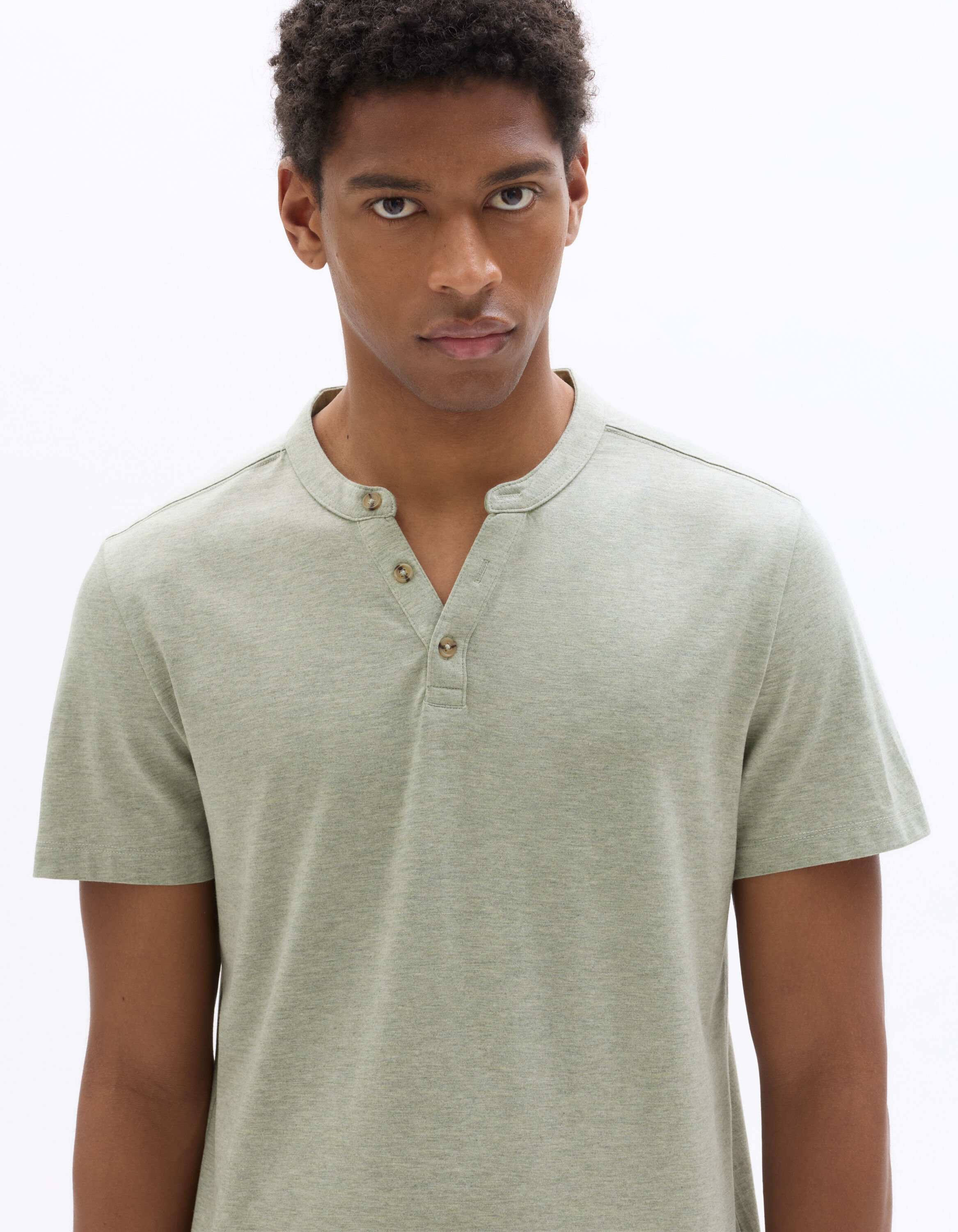 Regular Fit Cotton Blend Henley Neck T-Shirt - Light Green | celio