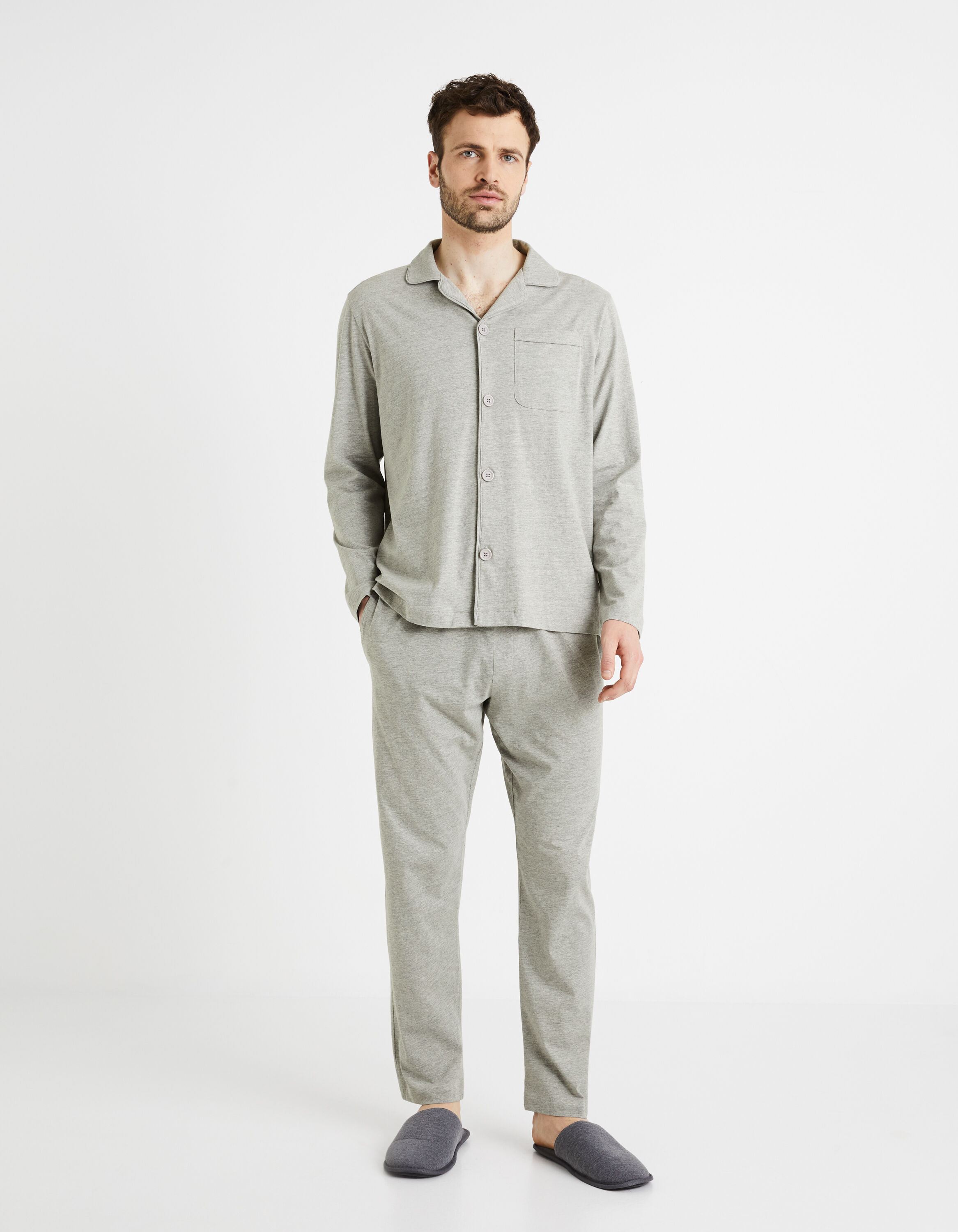 Pyjama long pour homme en coton interlock, gris mélangé