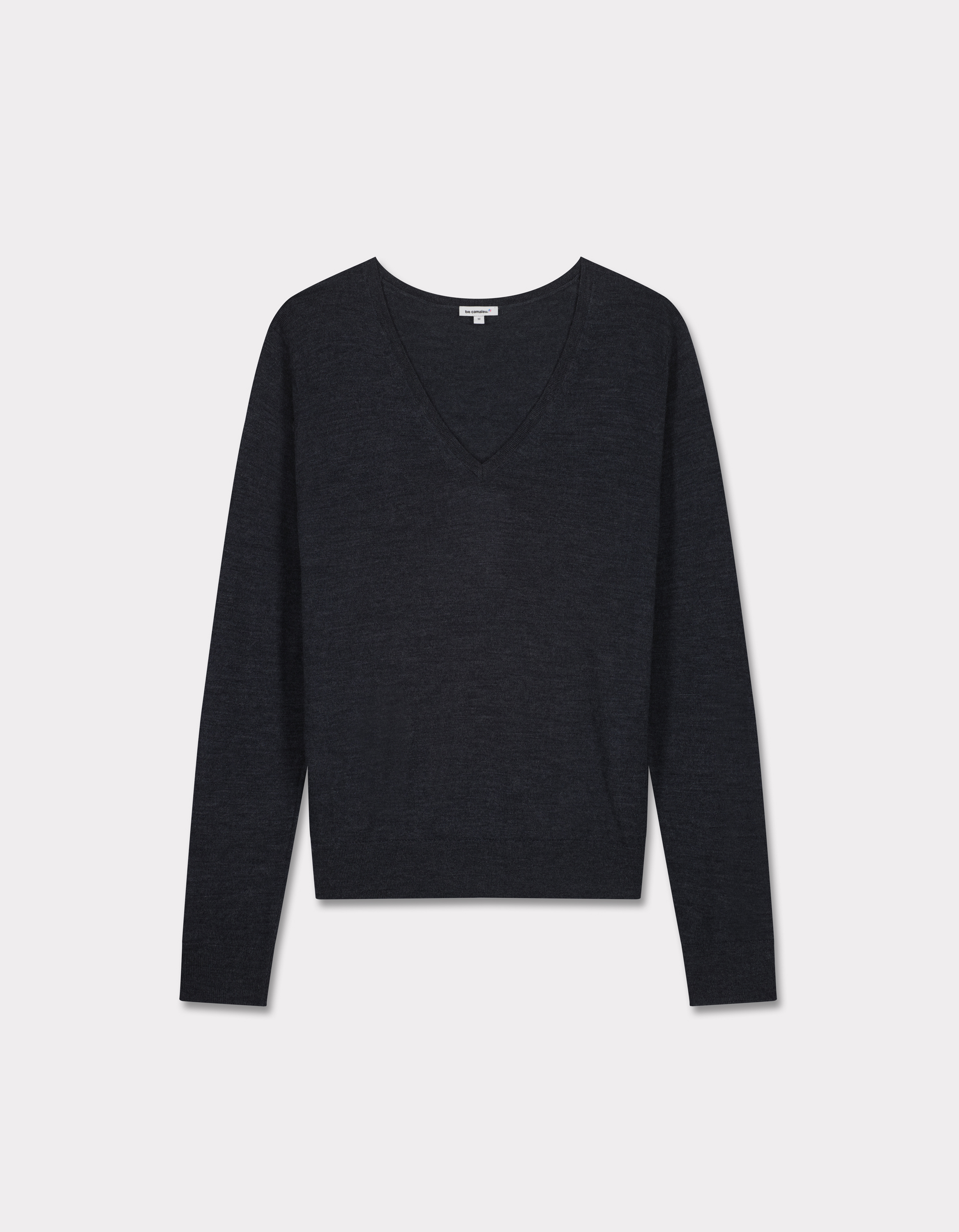 Pull 100% laine mérinos à col V - gris anthracite
