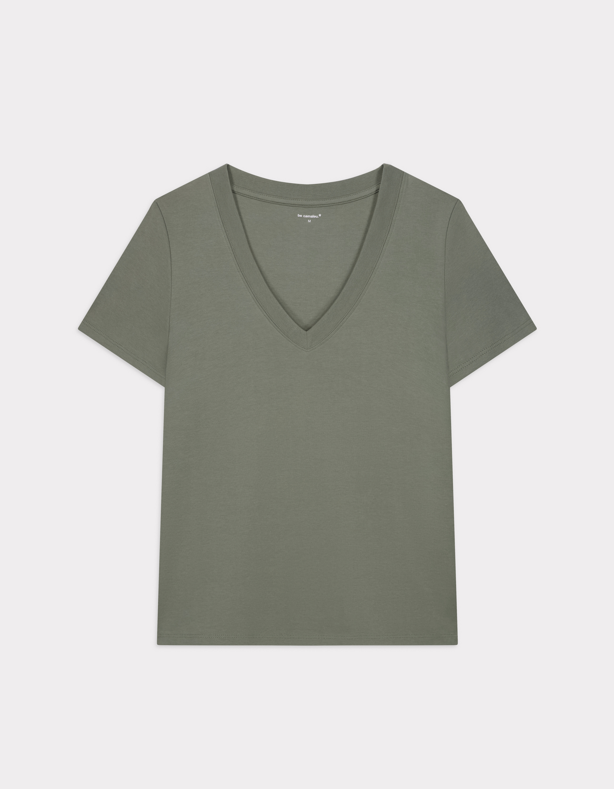 T-shirt en coton doux col V - kaki