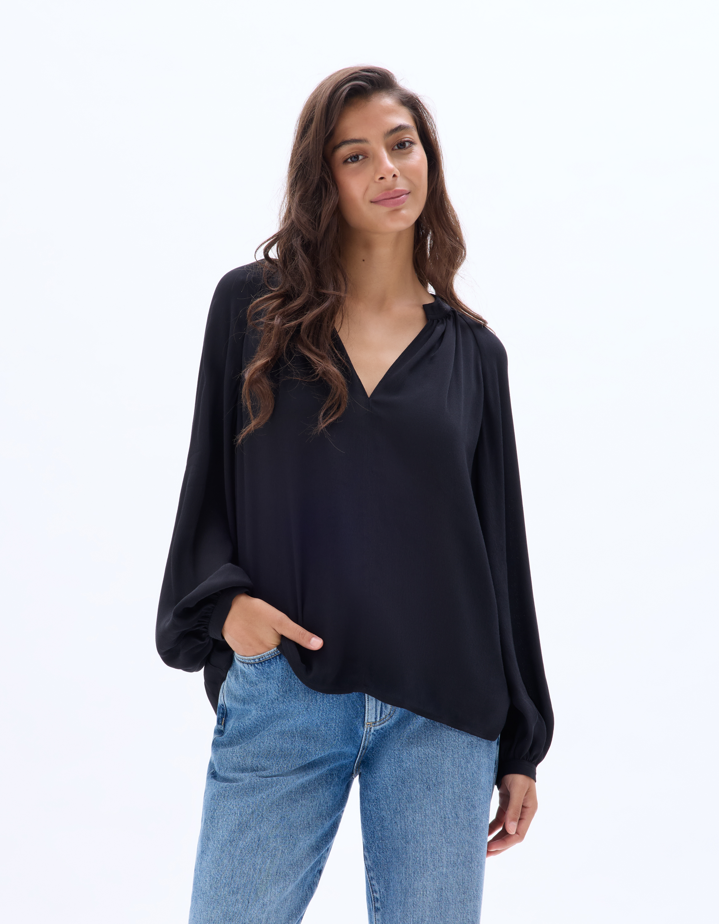 Blouse col en V - noir - celio - Modalova