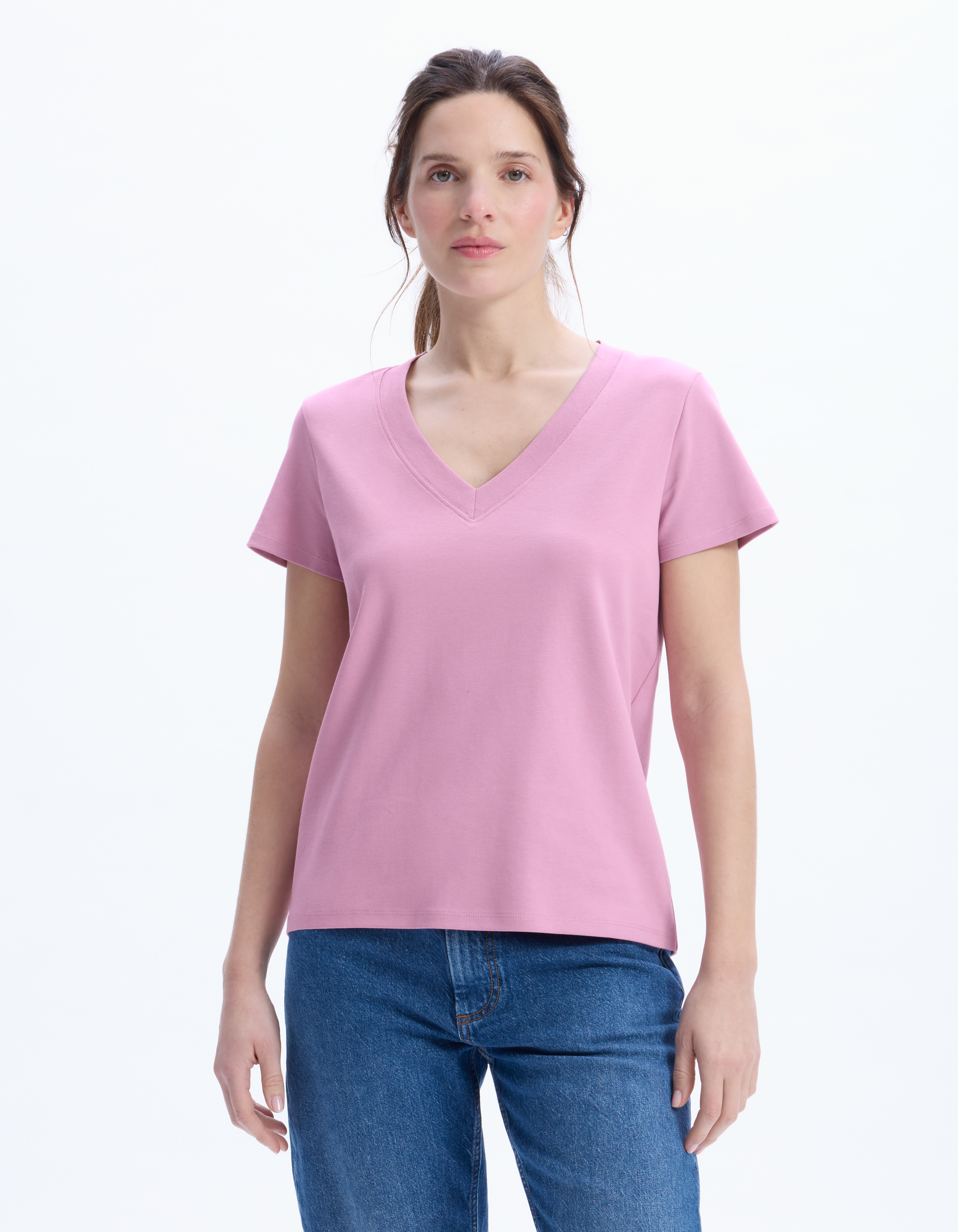 T-shirt en coton doux col V - rose - celio - Modalova