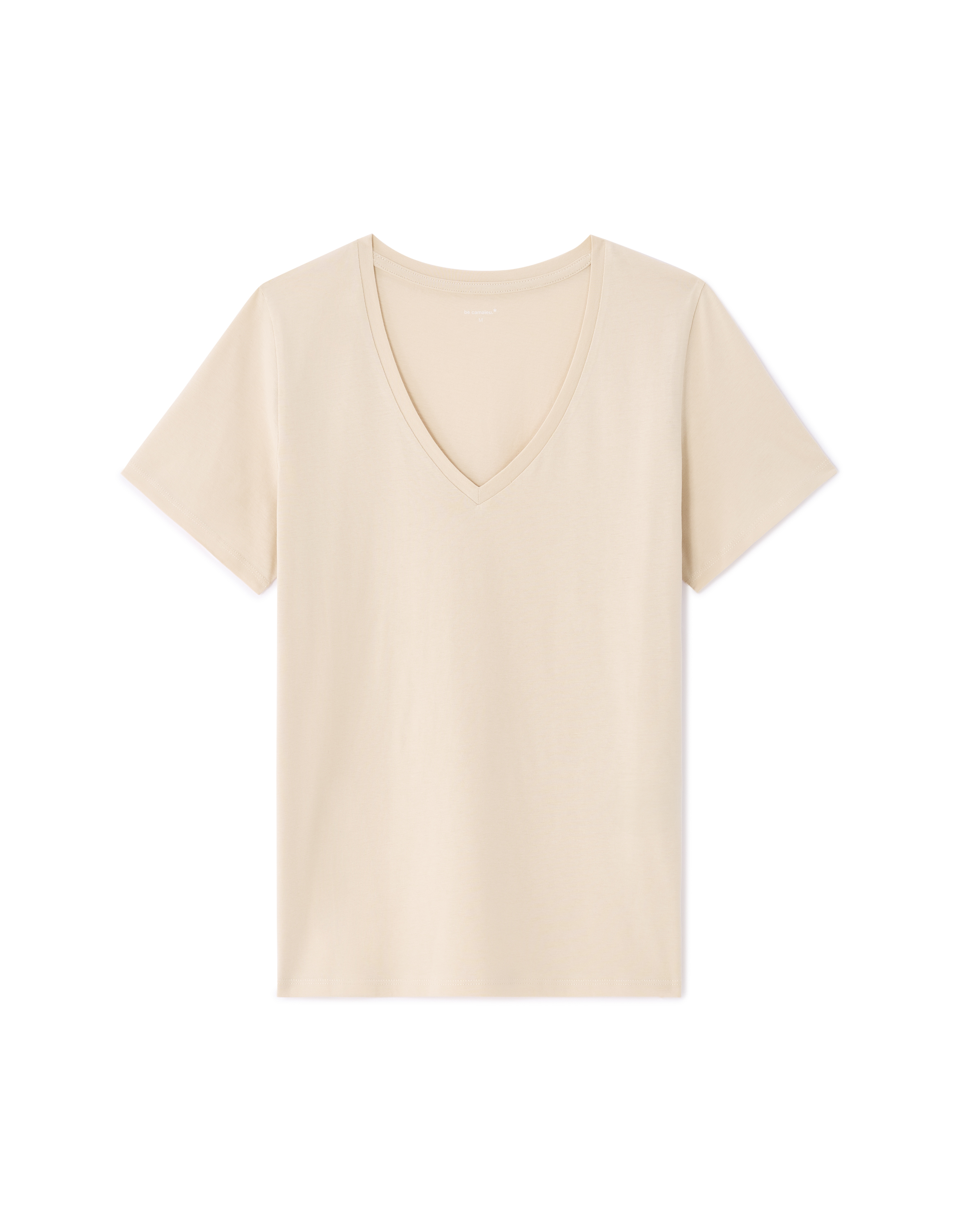 T-shirt en coton biologique col V - beige
