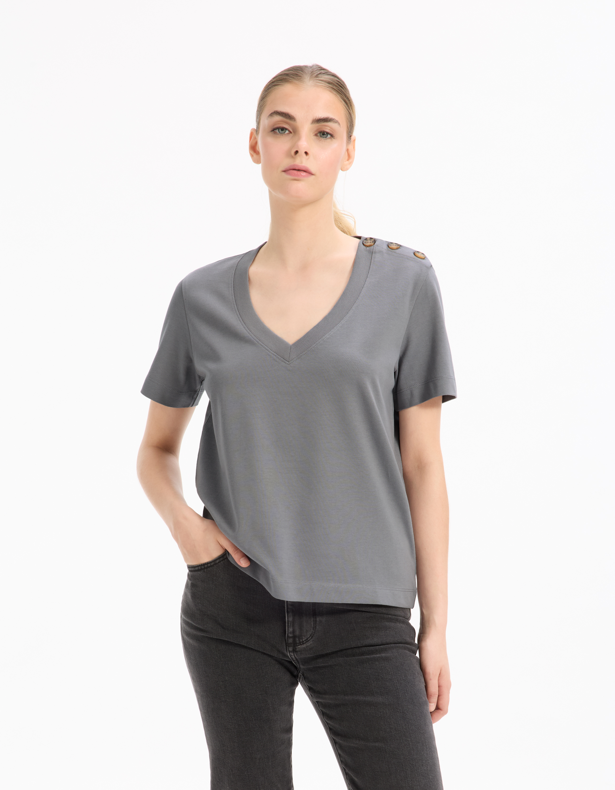 T-shirt boutonné en coton doux - gris - celio - Modalova