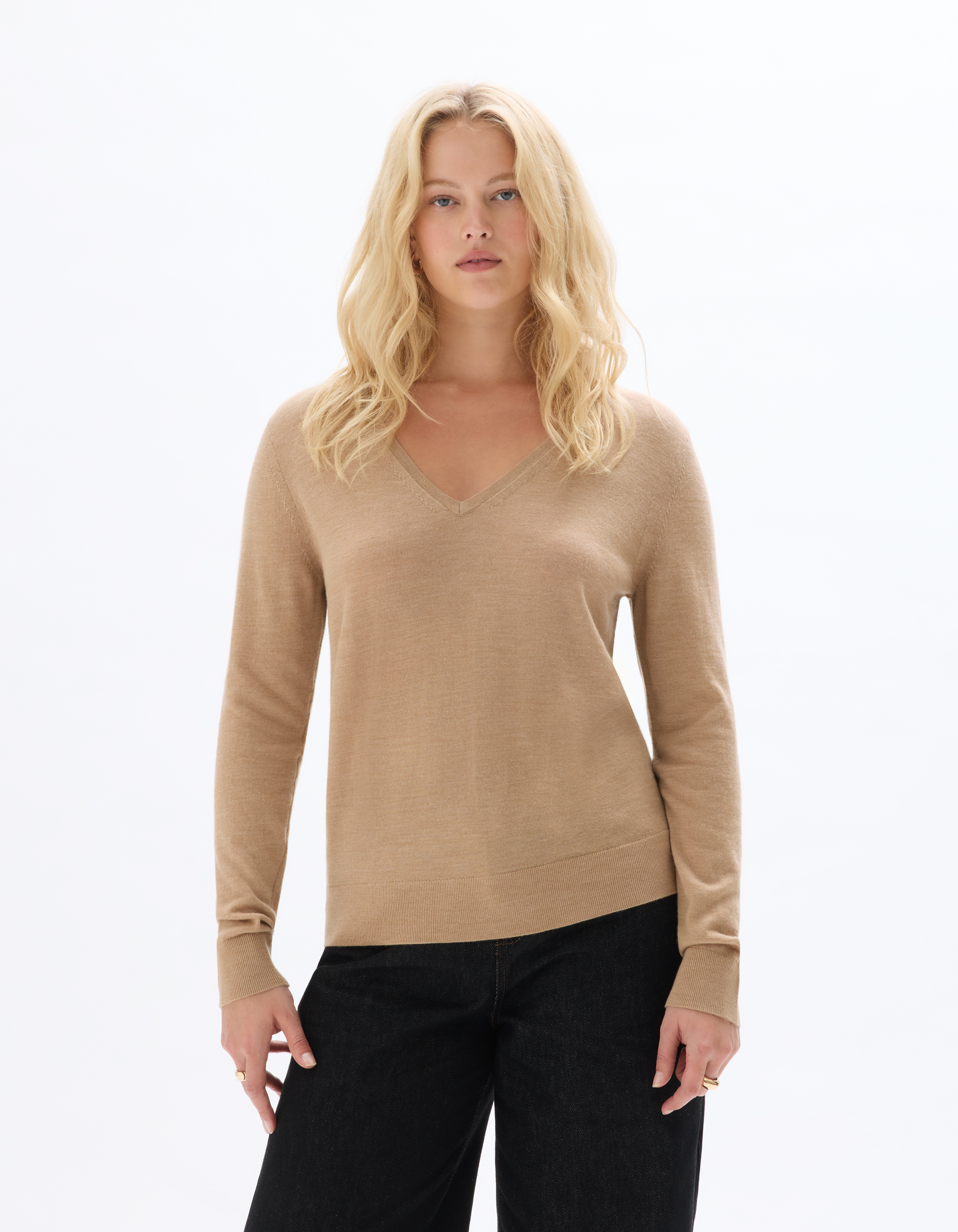 Pull 100% laine mérinos col v - beige - celio - Modalova