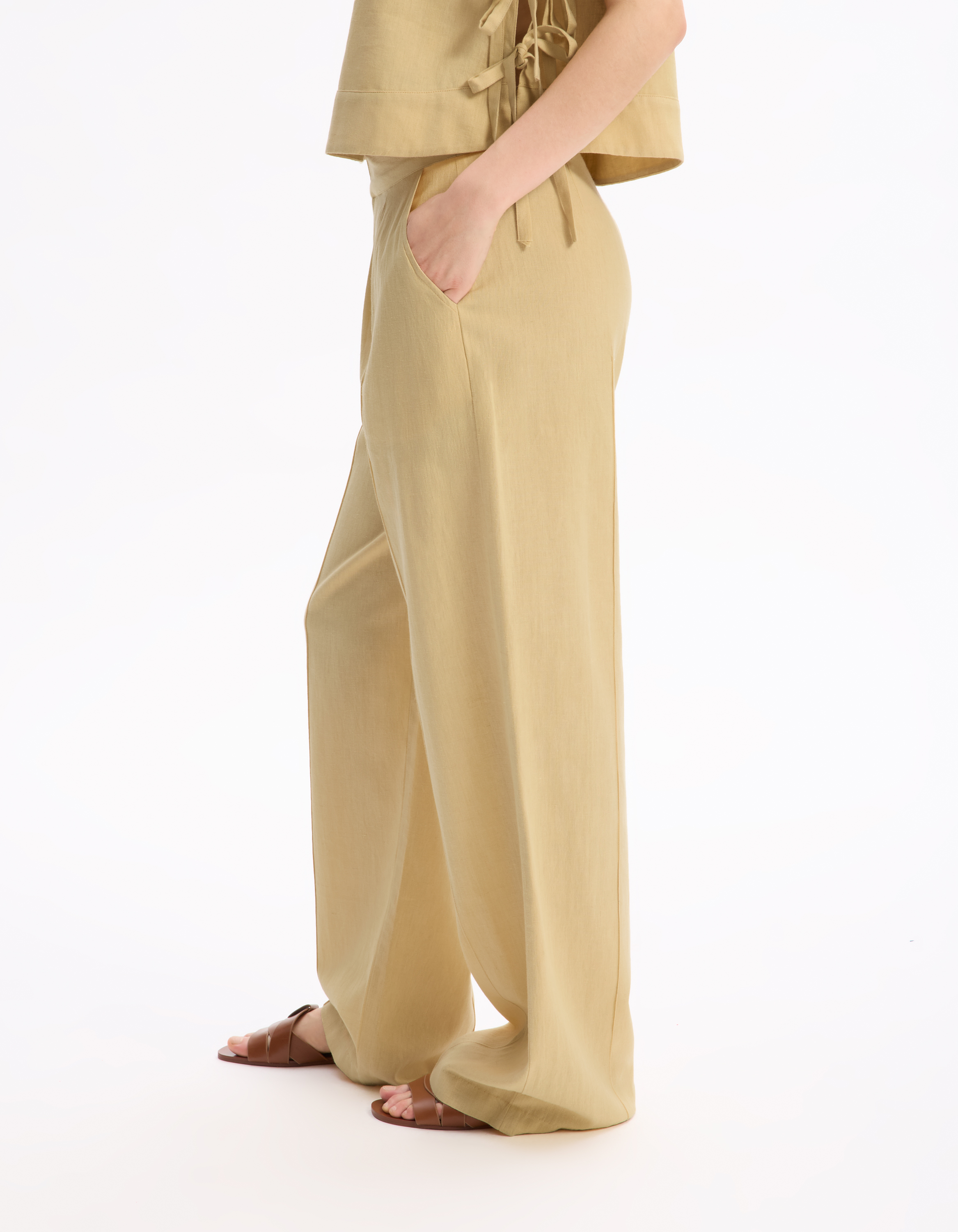 Pantalon fluide coton lin - jaune - celio - Modalova