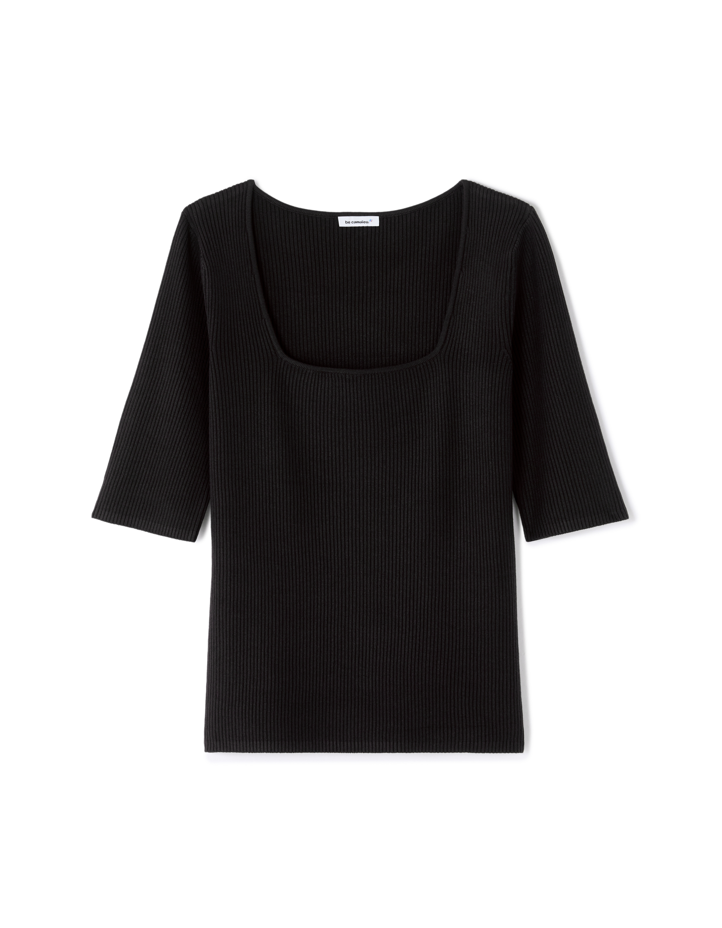 T-shirt en maille côtelée col carré - noir