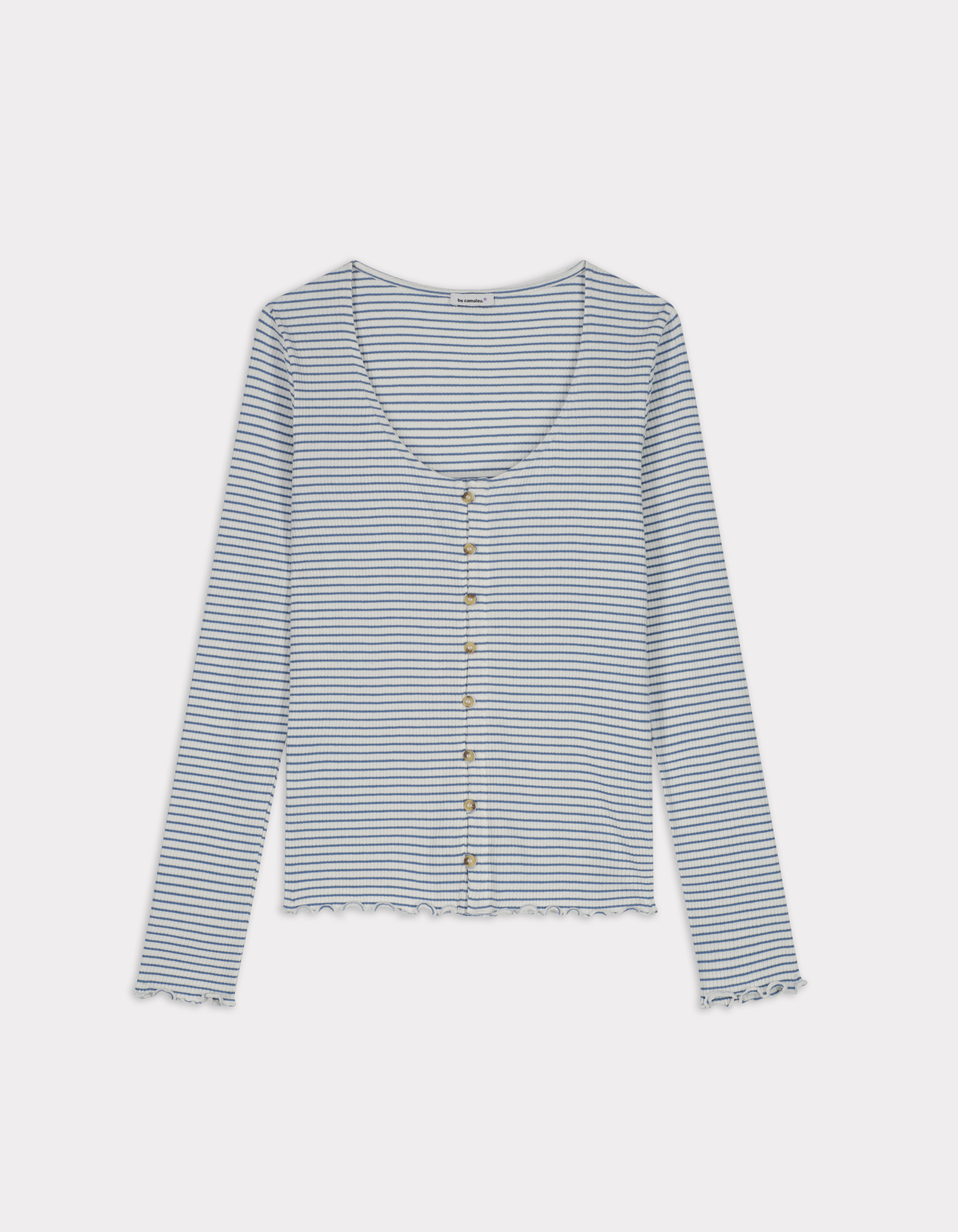 T-shirt en maille côtelée rayée - écru