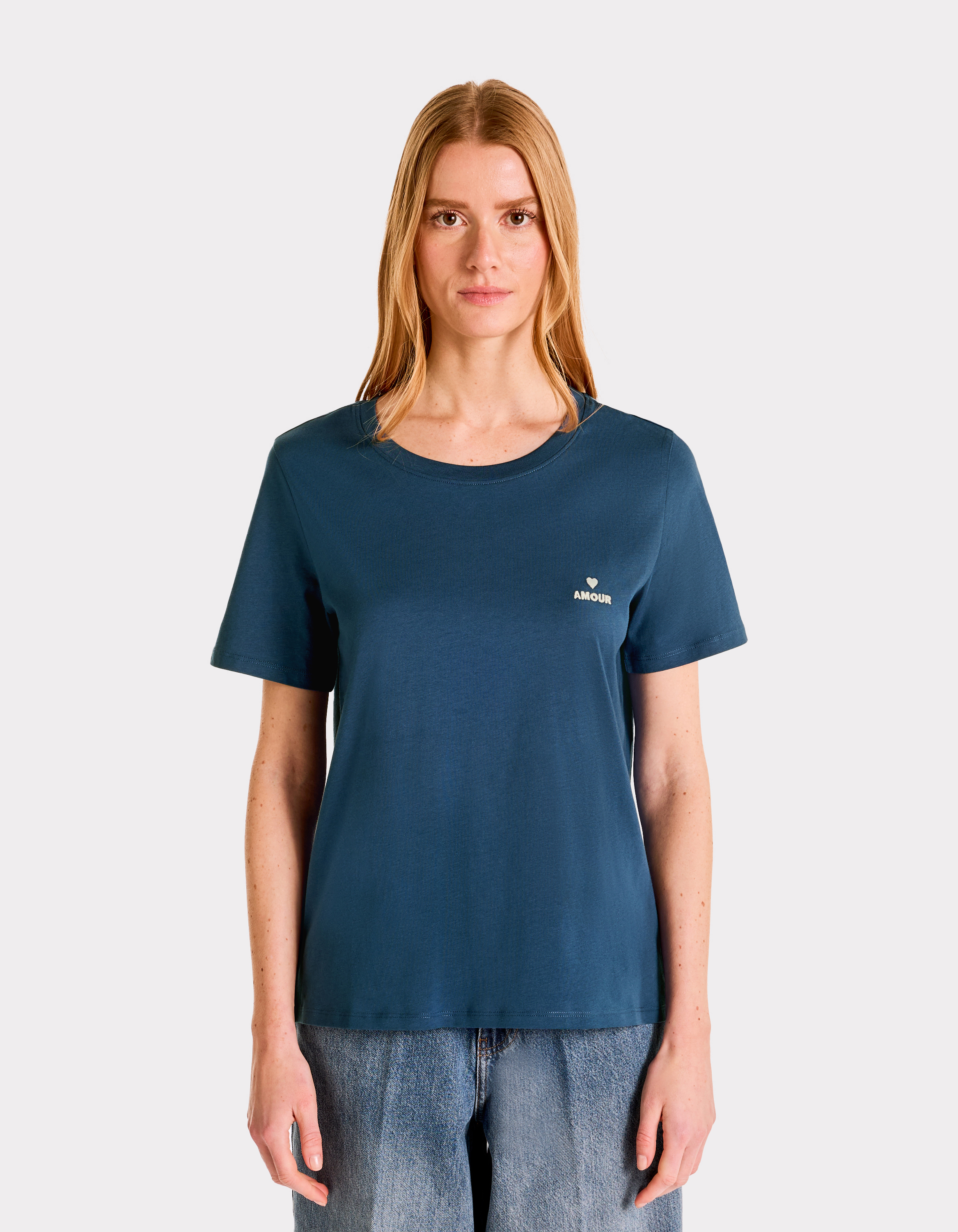 T-shirt brodé à col rond - bleu - celio - Modalova