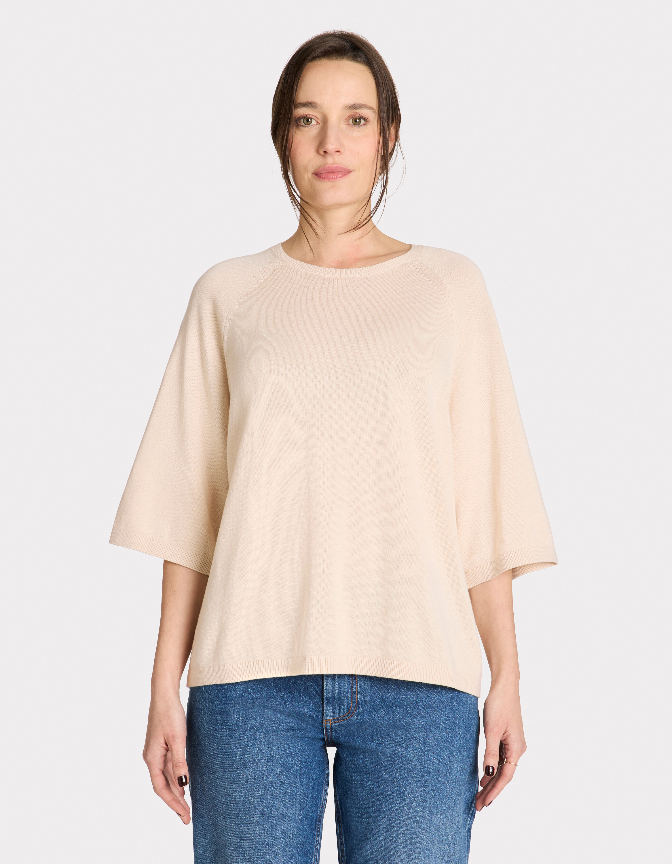 Pull manches courtes à col rond coton - beige - celio - Modalova