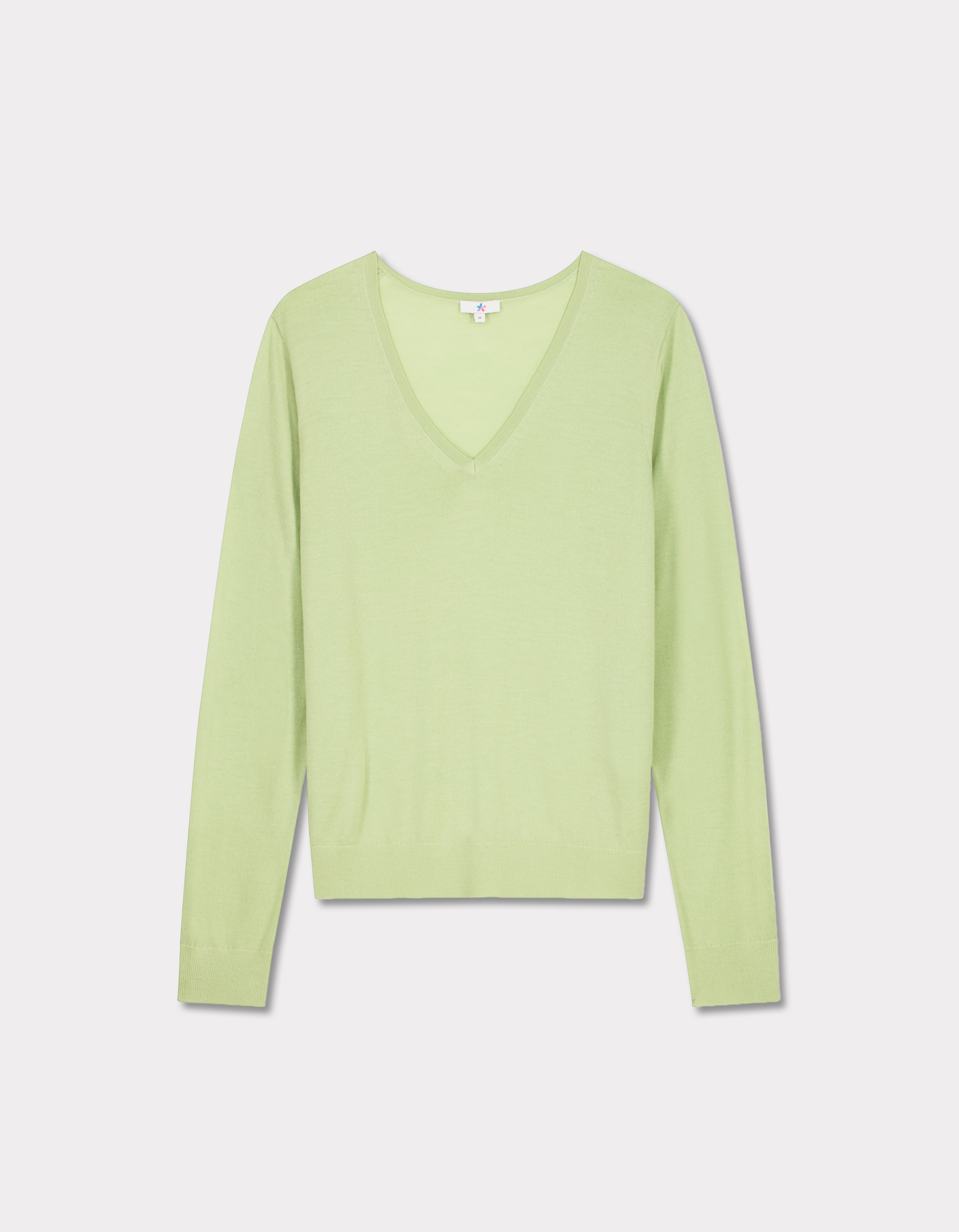 Pull 100% laine mérinos à col V - vert pistache