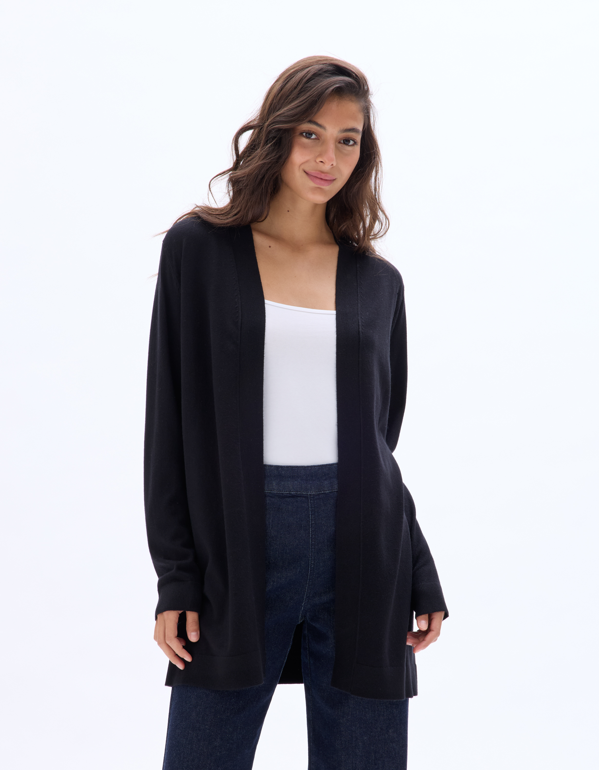 Gilet long en maille fine - noir - celio - Modalova