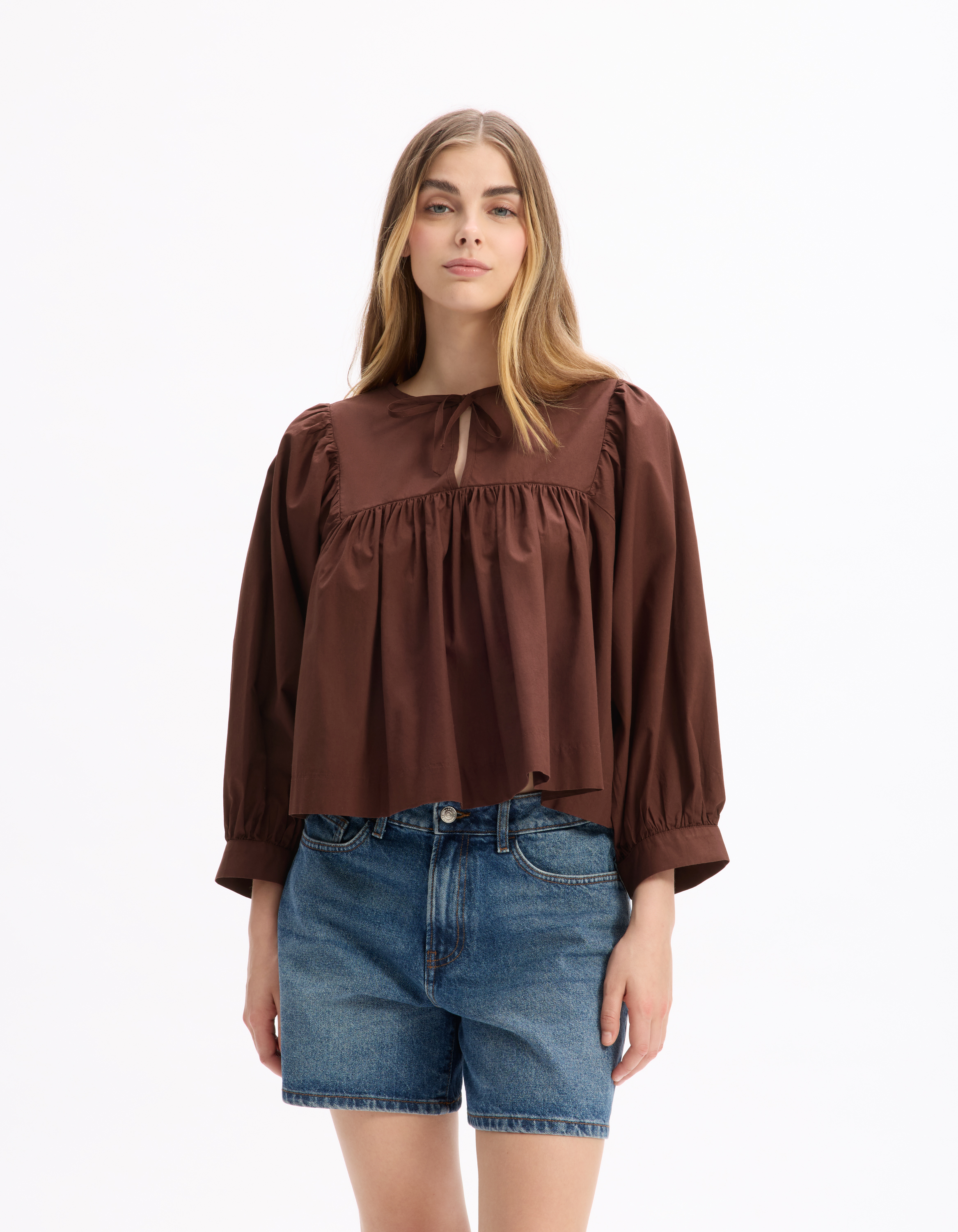 Blouse encolure tunisienne en coton - marron - celio - Modalova