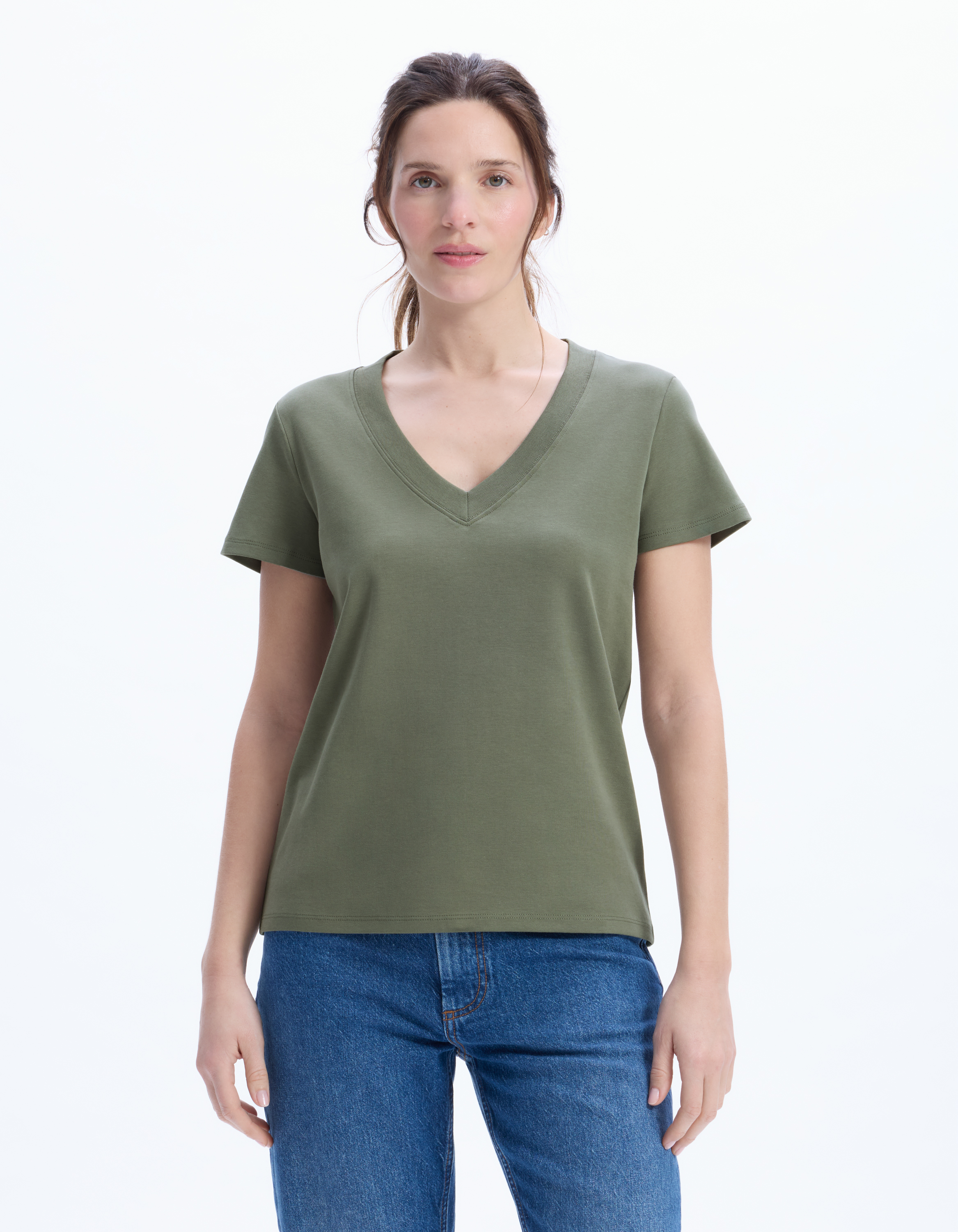 T-shirt en coton doux col V - kaki - celio - Modalova