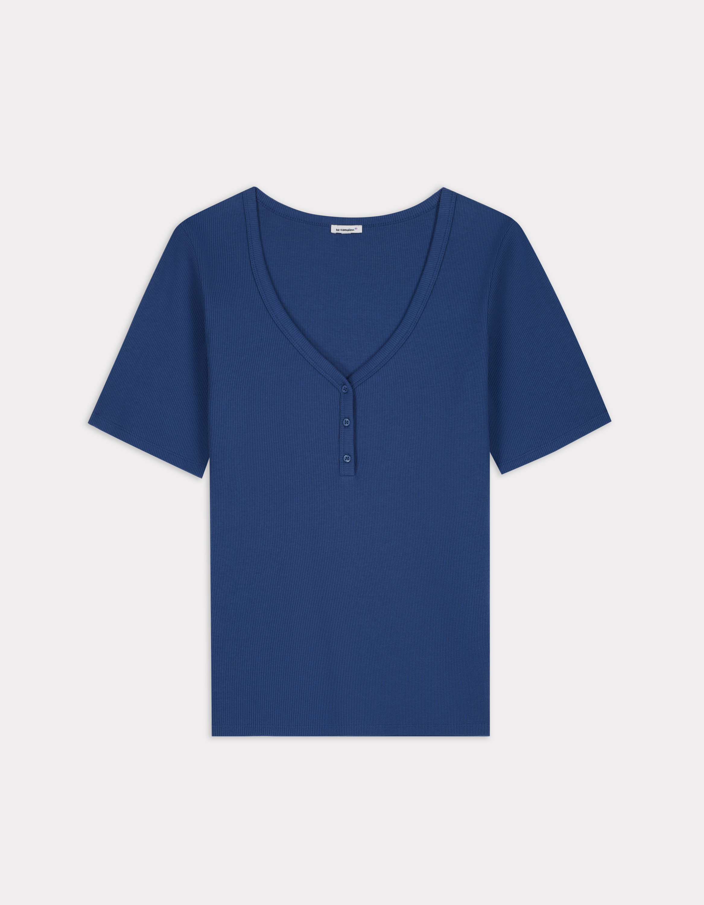 T-shirt côtelé col V - bleu
