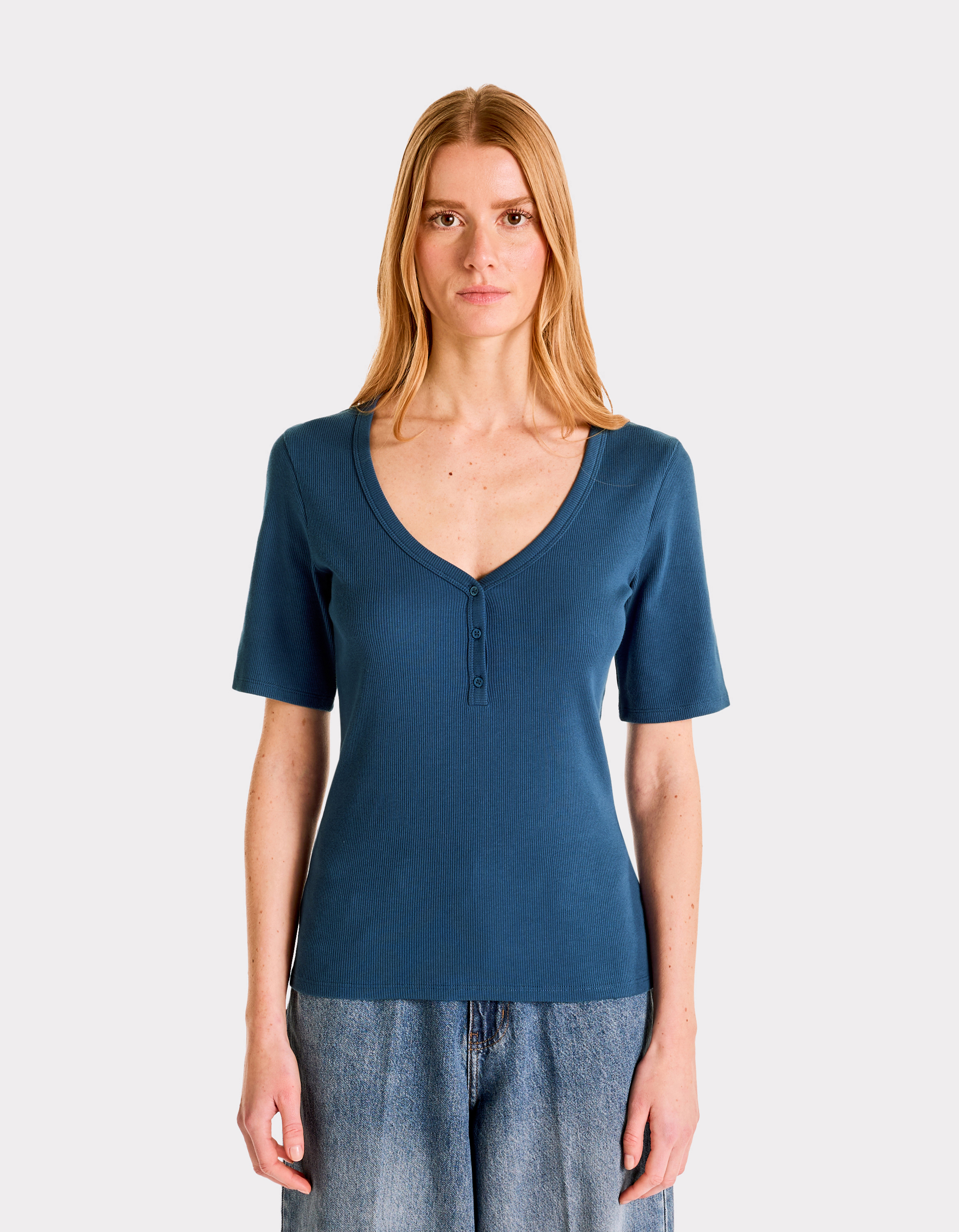 T-shirt côtelé col V - bleu - celio - Modalova