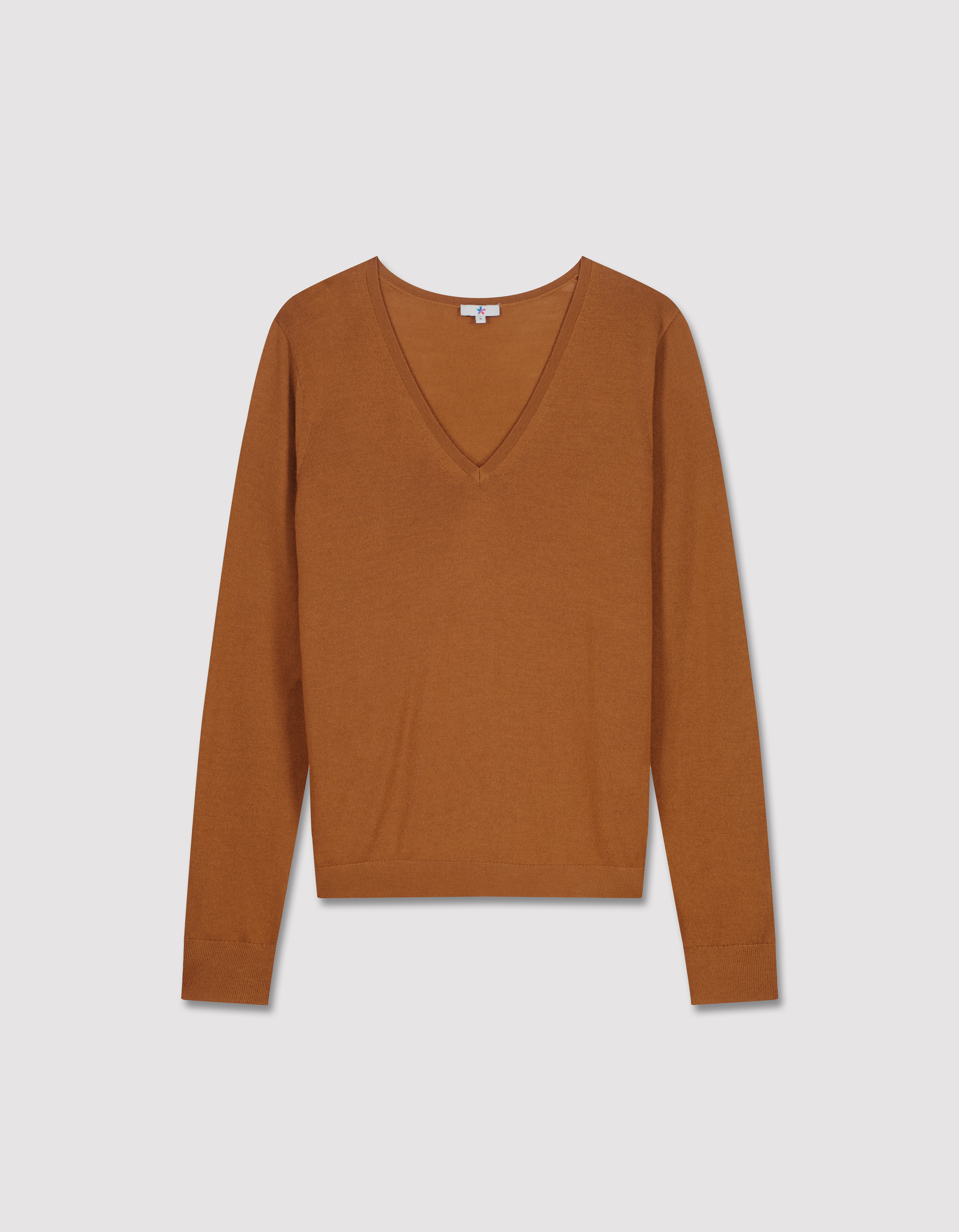 Pull 100% laine mérinos à col V - marron