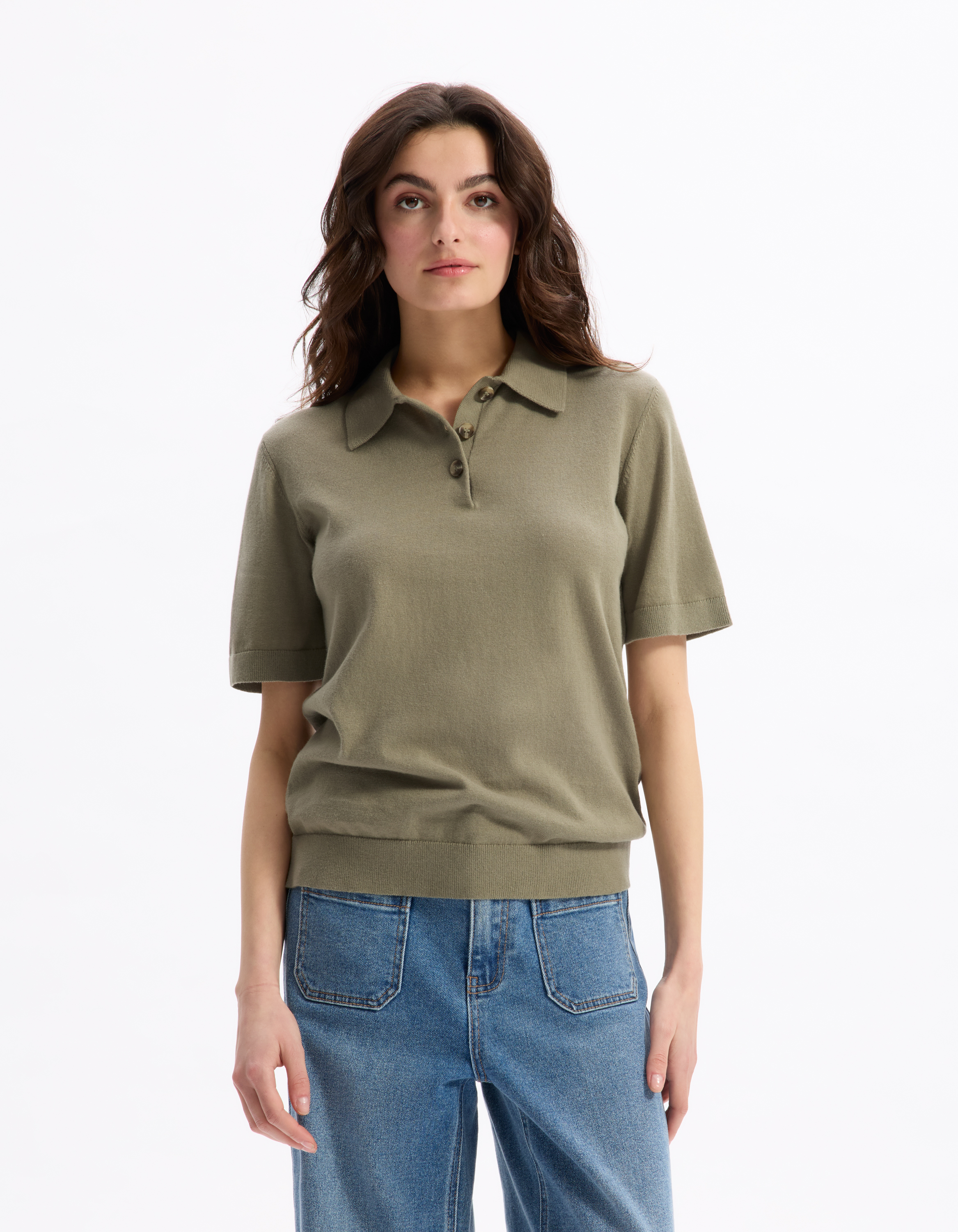 Pull col polo manches courtes en maille - kaki - celio - Modalova